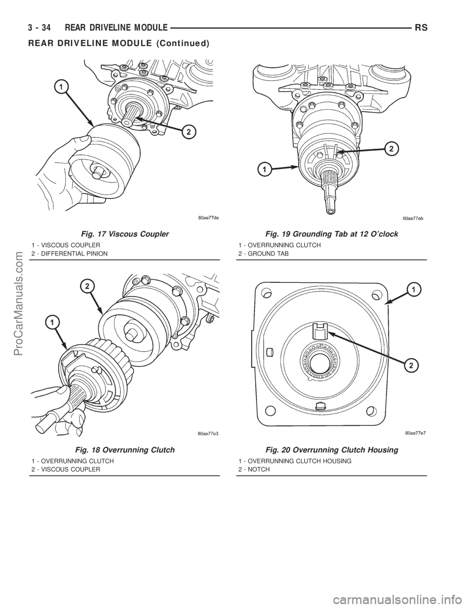 DODGE TOWN AND COUNTRY 2001 Service Manual Fig. 17 Viscous Coupler
1 - VISCOUS COUPLER
2 - DIFFERENTIAL PINION
Fig. 18 Overrunning Clutch
1 - OVERRUNNING CLUTCH
2 - VISCOUS COUPLER
Fig. 19 Grounding Tab at 12 Oclock
1 - OVERRUNNING CLUTCH
2 - DODGE TOWN AND COUNTRY 2001 Service Manual Fig. 17 Viscous Coupler
1 - VISCOUS COUPLER
2 - DIFFERENTIAL PINION
Fig. 18 Overrunning Clutch
1 - OVERRUNNING CLUTCH
2 - VISCOUS COUPLER
Fig. 19 Grounding Tab at 12 Oclock
1 - OVERRUNNING CLUTCH
2 -