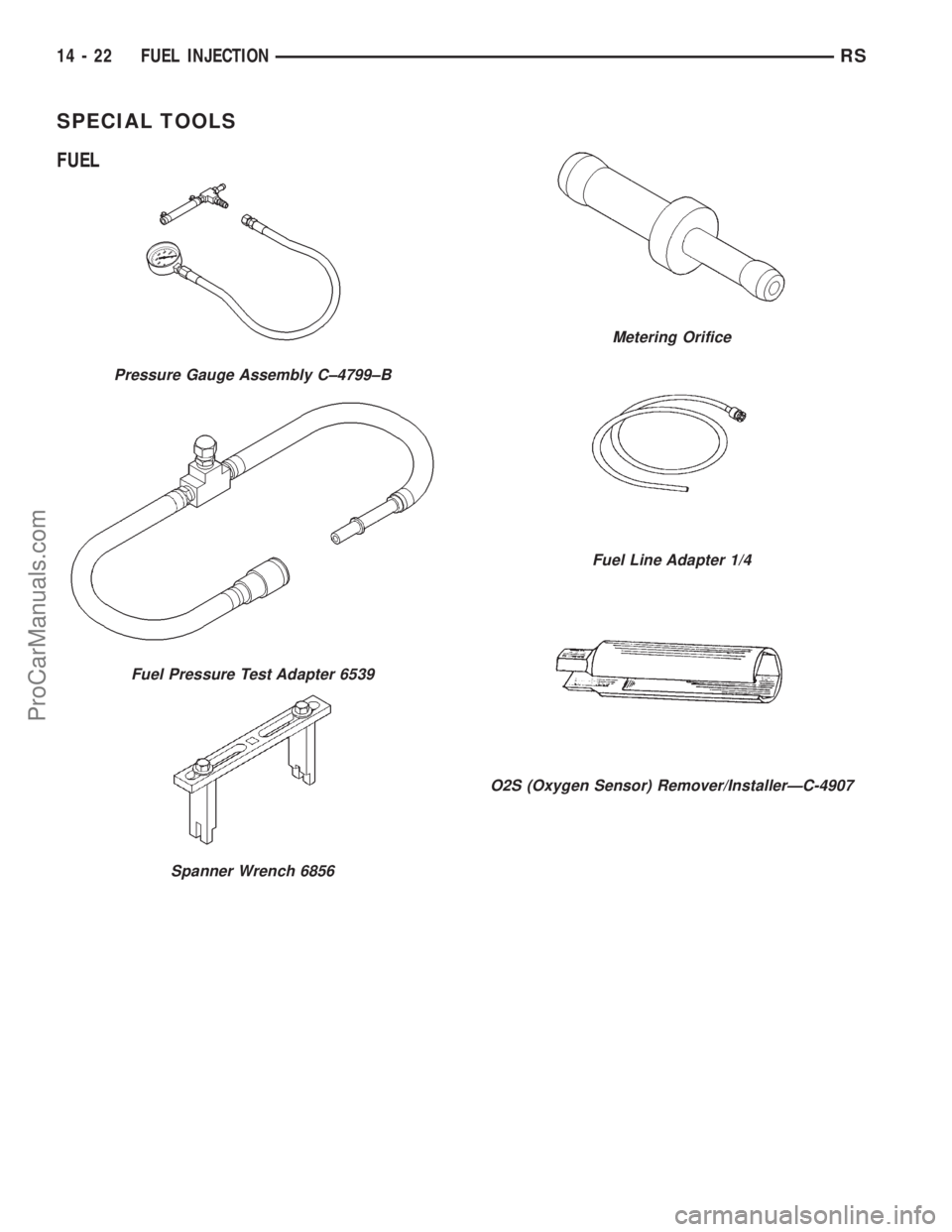 DODGE TOWN AND COUNTRY 2001  Service Manual SPECIAL TOOLS
FUEL
Pressure Gauge Assembly C±4799±B
Fuel Pressure Test Adapter 6539
Spanner Wrench 6856
Metering Orifice
Fuel Line Adapter 1/4
O2S (Oxygen Sensor) Remover/InstallerÐC-4907
14 - 22 F