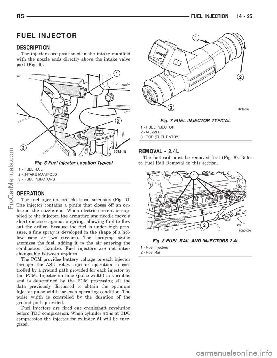 DODGE TOWN AND COUNTRY 2001  Service Manual FUEL INJECTOR
DESCRIPTION
The injectors are positioned in the intake manifold
with the nozzle ends directly above the intake valve
port (Fig. 6).
OPERATION
The fuel injectors are electrical solenoids 