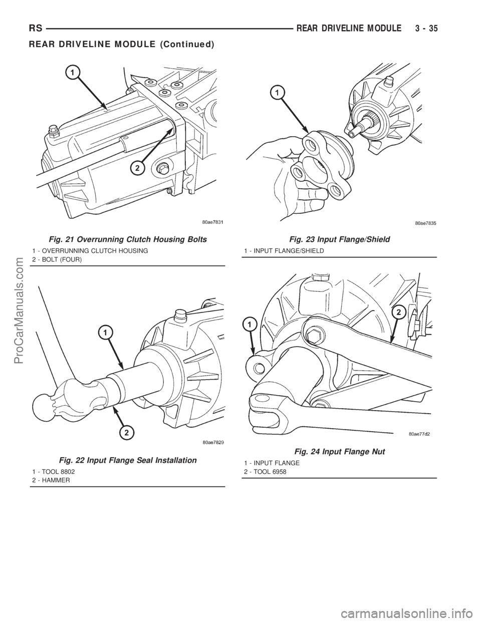 DODGE TOWN AND COUNTRY 2001 Service Manual Fig. 21 Overrunning Clutch Housing Bolts
1 - OVERRUNNING CLUTCH HOUSING
2 - BOLT (FOUR)
Fig. 22 Input Flange Seal Installation
1 - TOOL 8802
2 - HAMMER
Fig. 23 Input Flange/Shield
1 - INPUT FLANGE/SHI DODGE TOWN AND COUNTRY 2001 Service Manual Fig. 21 Overrunning Clutch Housing Bolts
1 - OVERRUNNING CLUTCH HOUSING
2 - BOLT (FOUR)
Fig. 22 Input Flange Seal Installation
1 - TOOL 8802
2 - HAMMER
Fig. 23 Input Flange/Shield
1 - INPUT FLANGE/SHI