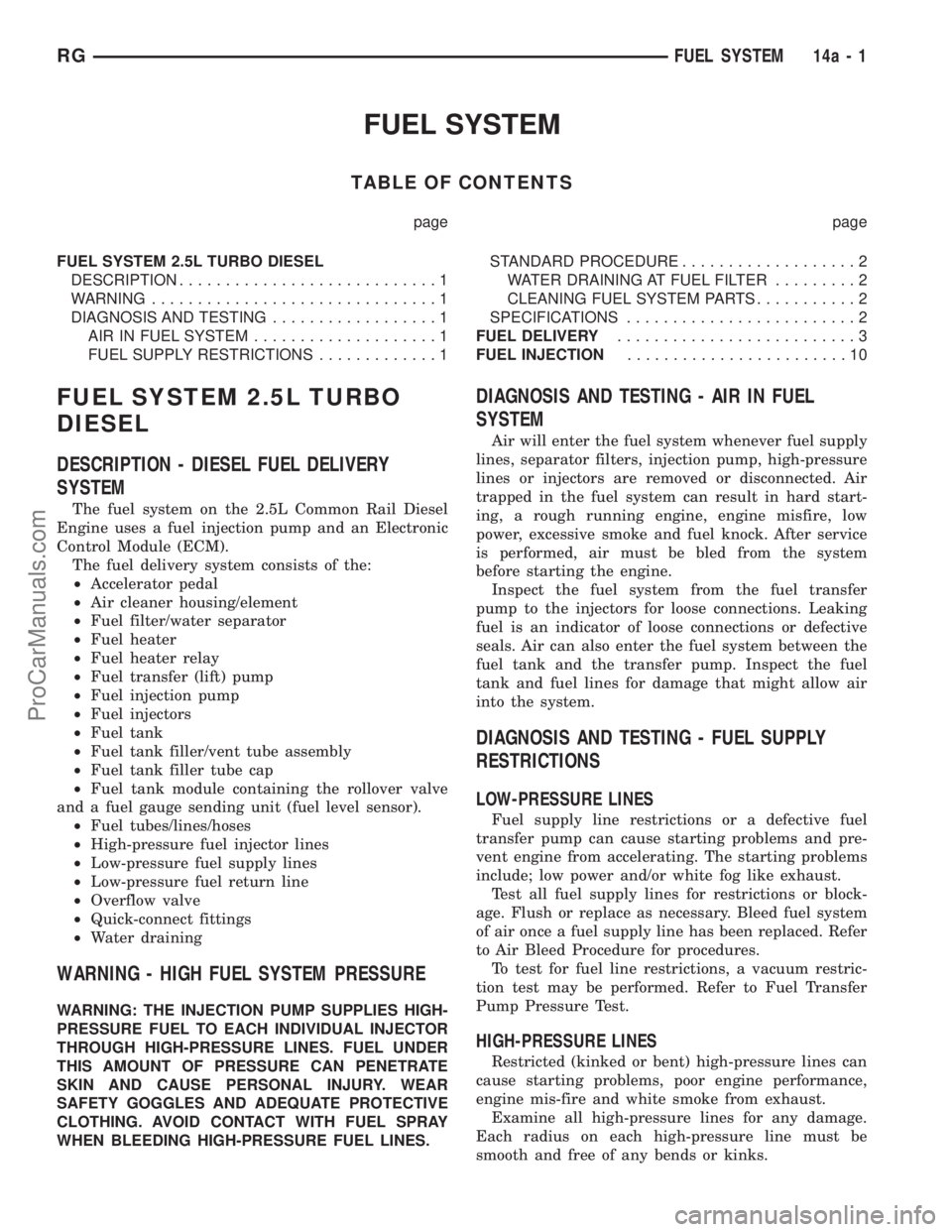 DODGE TOWN AND COUNTRY 2001 Service Manual FUEL SYSTEM
TABLE OF CONTENTS
page page
FUEL SYSTEM 2.5L TURBO DIESEL
DESCRIPTION............................1
WARNING...............................1
DIAGNOSIS AND TESTING..................1
AIR IN F DODGE TOWN AND COUNTRY 2001 Service Manual FUEL SYSTEM
TABLE OF CONTENTS
page page
FUEL SYSTEM 2.5L TURBO DIESEL
DESCRIPTION............................1
WARNING...............................1
DIAGNOSIS AND TESTING..................1
AIR IN F