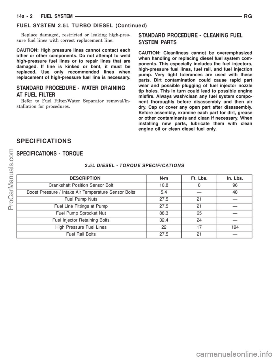 DODGE TOWN AND COUNTRY 2001 Service Manual Replace damaged, restricted or leaking high-pres-
sure fuel lines with correct replacement line.
CAUTION: High pressure lines cannot contact each
other or other components. Do not attempt to weld
high DODGE TOWN AND COUNTRY 2001 Service Manual Replace damaged, restricted or leaking high-pres-
sure fuel lines with correct replacement line.
CAUTION: High pressure lines cannot contact each
other or other components. Do not attempt to weld
high
