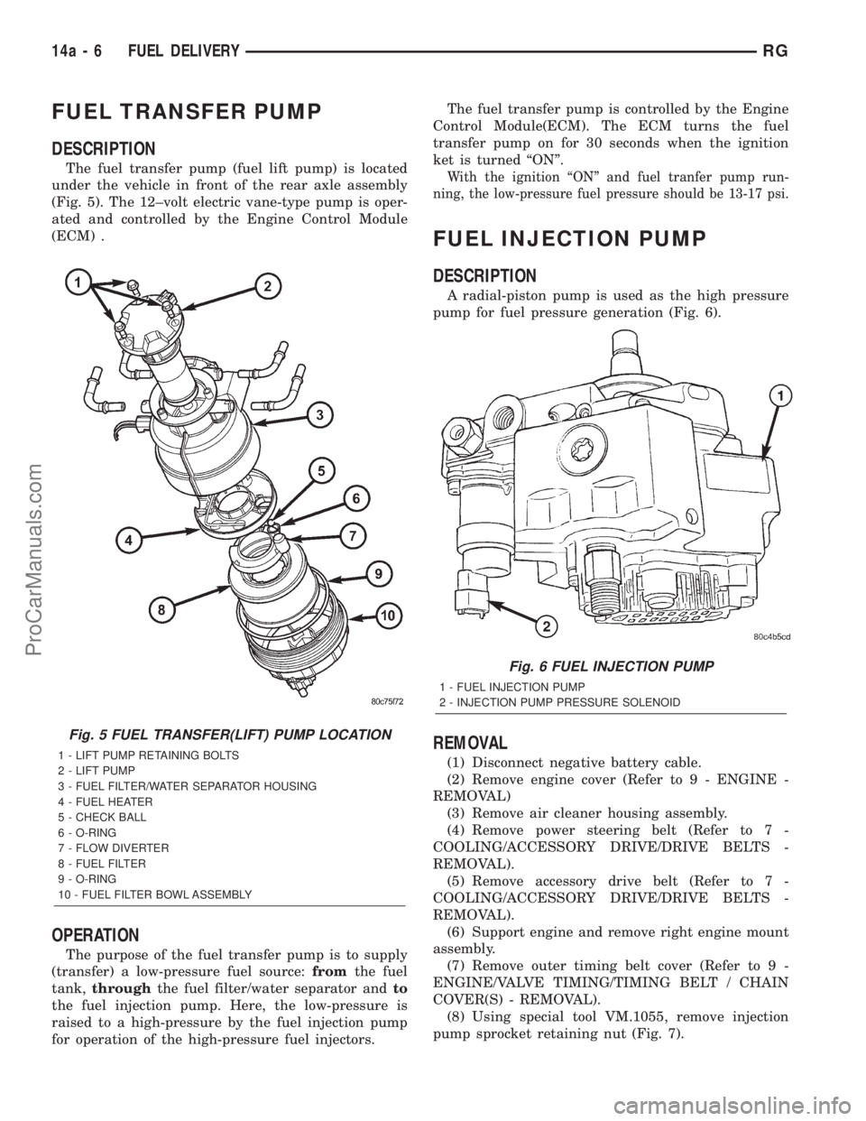 DODGE TOWN AND COUNTRY 2001 Service Manual FUEL TRANSFER PUMP
DESCRIPTION
The fuel transfer pump (fuel lift pump) is located
under the vehicle in front of the rear axle assembly
(Fig. 5). The 12±volt electric vane-type pump is oper-
ated and DODGE TOWN AND COUNTRY 2001 Service Manual FUEL TRANSFER PUMP
DESCRIPTION
The fuel transfer pump (fuel lift pump) is located
under the vehicle in front of the rear axle assembly
(Fig. 5). The 12±volt electric vane-type pump is oper-
ated and