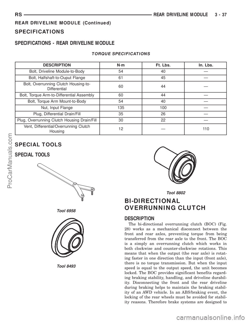 DODGE TOWN AND COUNTRY 2001 Service Manual SPECIFICATIONS
SPECIFICATIONS - REAR DRIVELINE MODULE
TORQUE SPECIFICATIONS
DESCRIPTION N´m Ft. Lbs. In. Lbs.
Bolt, Driveline Module-to-Body 54 40 Ð
Bolt, Halfshaft-to-Ouput Flange 61 45 Ð
Bolt, Ov DODGE TOWN AND COUNTRY 2001 Service Manual SPECIFICATIONS
SPECIFICATIONS - REAR DRIVELINE MODULE
TORQUE SPECIFICATIONS
DESCRIPTION N´m Ft. Lbs. In. Lbs.
Bolt, Driveline Module-to-Body 54 40 Ð
Bolt, Halfshaft-to-Ouput Flange 61 45 Ð
Bolt, Ov