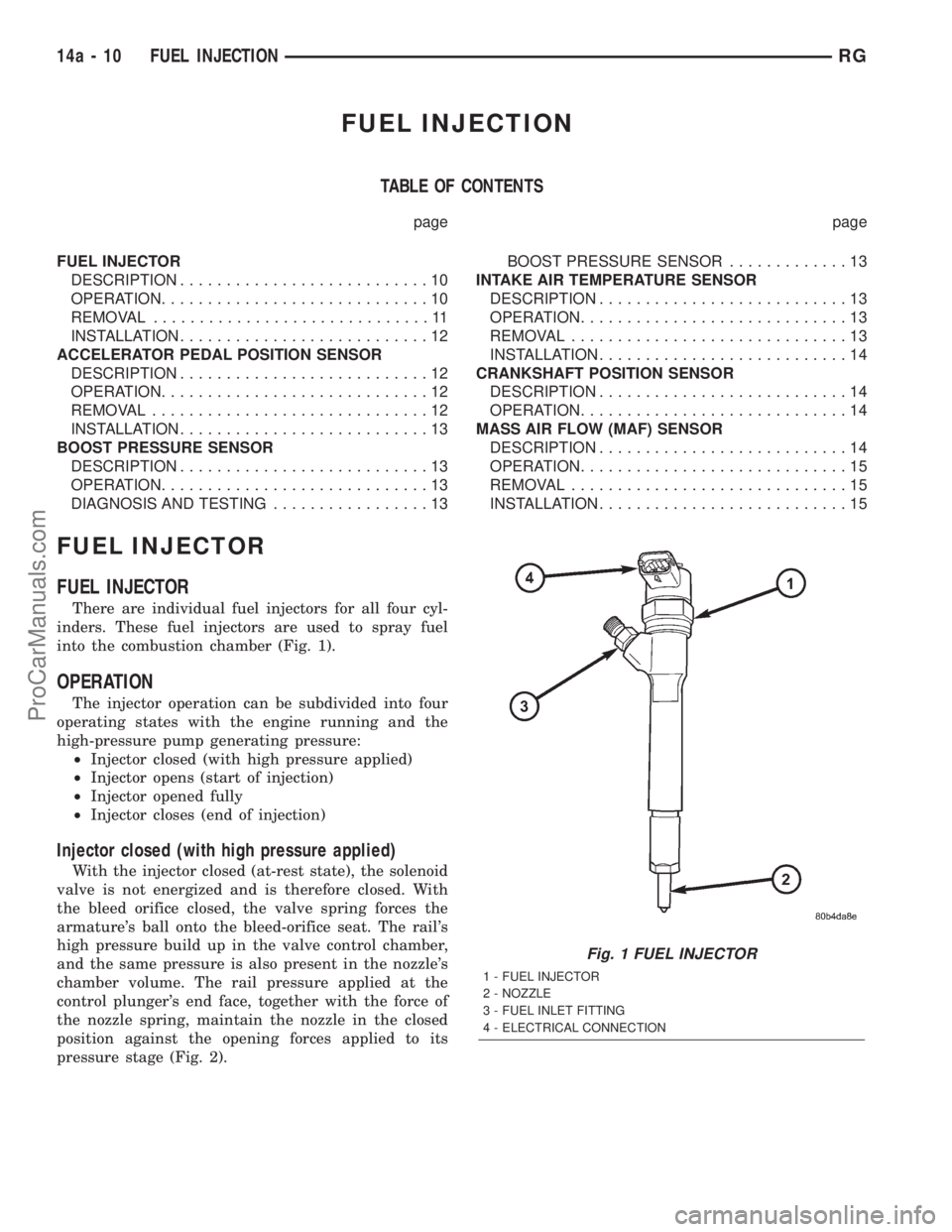 DODGE TOWN AND COUNTRY 2001 Service Manual FUEL INJECTION
TABLE OF CONTENTS
page page
FUEL INJECTOR
DESCRIPTION...........................10
OPERATION.............................10
REMOVAL..............................11
INSTALLATION......... DODGE TOWN AND COUNTRY 2001 Service Manual FUEL INJECTION
TABLE OF CONTENTS
page page
FUEL INJECTOR
DESCRIPTION...........................10
OPERATION.............................10
REMOVAL..............................11
INSTALLATION.........