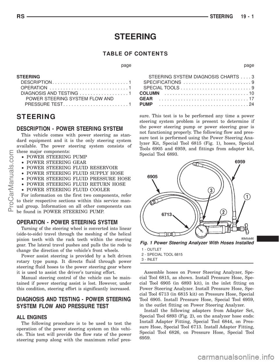 DODGE TOWN AND COUNTRY 2001 Service Manual STEERING
TABLE OF CONTENTS
page page
STEERING
DESCRIPTION............................1
OPERATION.............................1
DIAGNOSIS AND TESTING..................1
POWER STEERING SYSTEM FLOW AND
P DODGE TOWN AND COUNTRY 2001 Service Manual STEERING
TABLE OF CONTENTS
page page
STEERING
DESCRIPTION............................1
OPERATION.............................1
DIAGNOSIS AND TESTING..................1
POWER STEERING SYSTEM FLOW AND
P