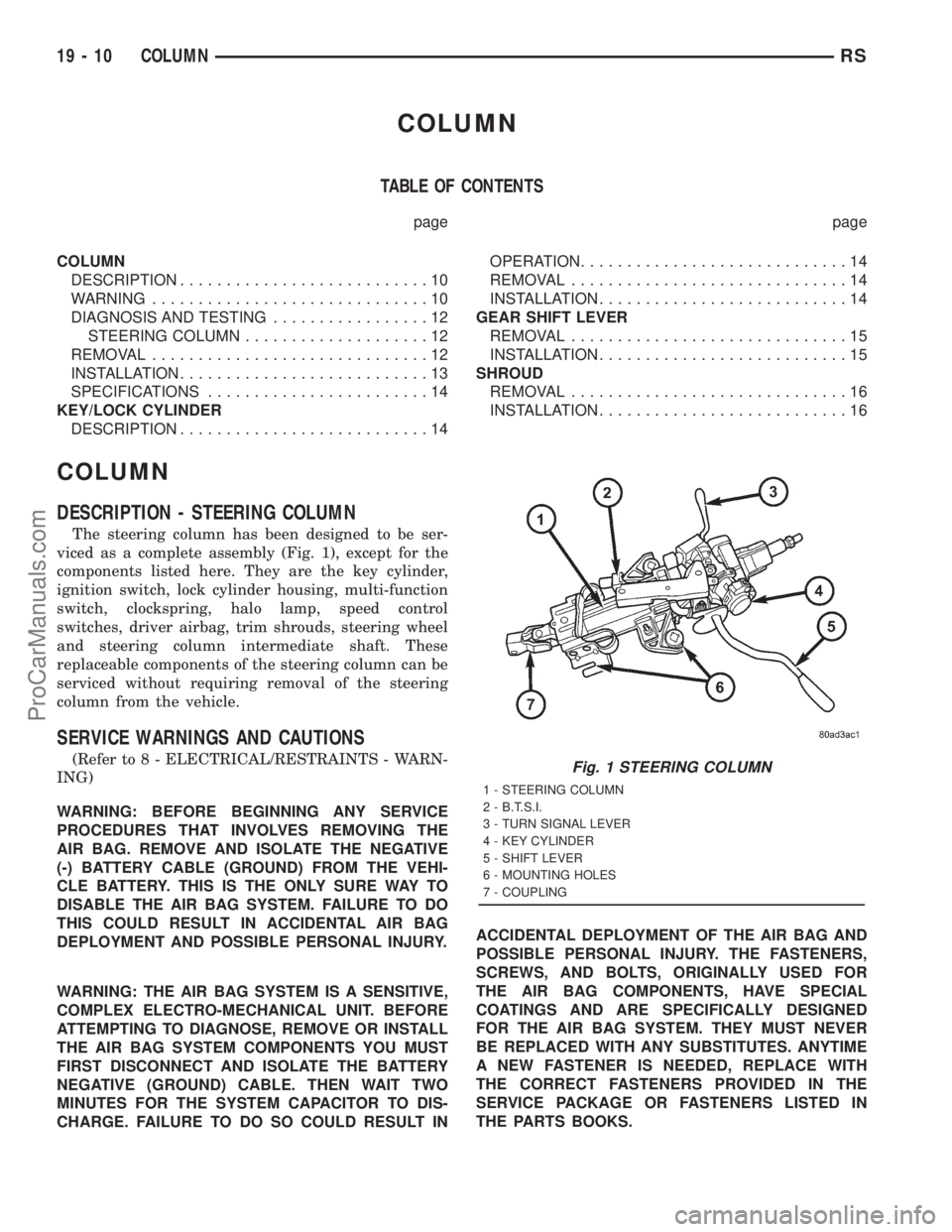 DODGE TOWN AND COUNTRY 2001 Service Manual COLUMN
TABLE OF CONTENTS
page page
COLUMN
DESCRIPTION...........................10
WARNING..............................10
DIAGNOSIS AND TESTING.................12
STEERING COLUMN....................1 DODGE TOWN AND COUNTRY 2001 Service Manual COLUMN
TABLE OF CONTENTS
page page
COLUMN
DESCRIPTION...........................10
WARNING..............................10
DIAGNOSIS AND TESTING.................12
STEERING COLUMN....................1