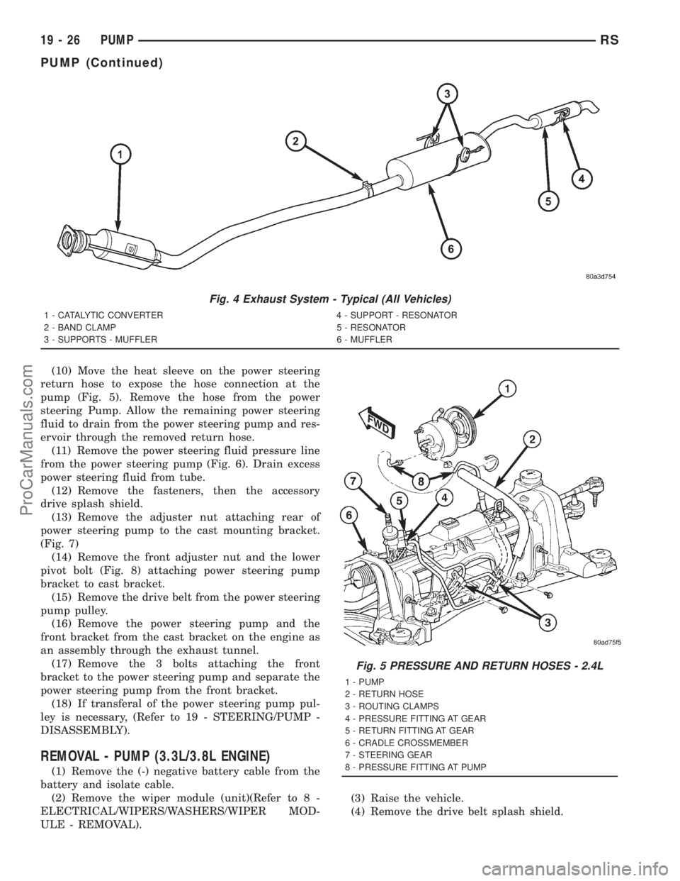 DODGE TOWN AND COUNTRY 2001 Service Manual (10) Move the heat sleeve on the power steering
return hose to expose the hose connection at the
pump (Fig. 5). Remove the hose from the power
steering Pump. Allow the remaining power steering
fluid t DODGE TOWN AND COUNTRY 2001 Service Manual (10) Move the heat sleeve on the power steering
return hose to expose the hose connection at the
pump (Fig. 5). Remove the hose from the power
steering Pump. Allow the remaining power steering
fluid t