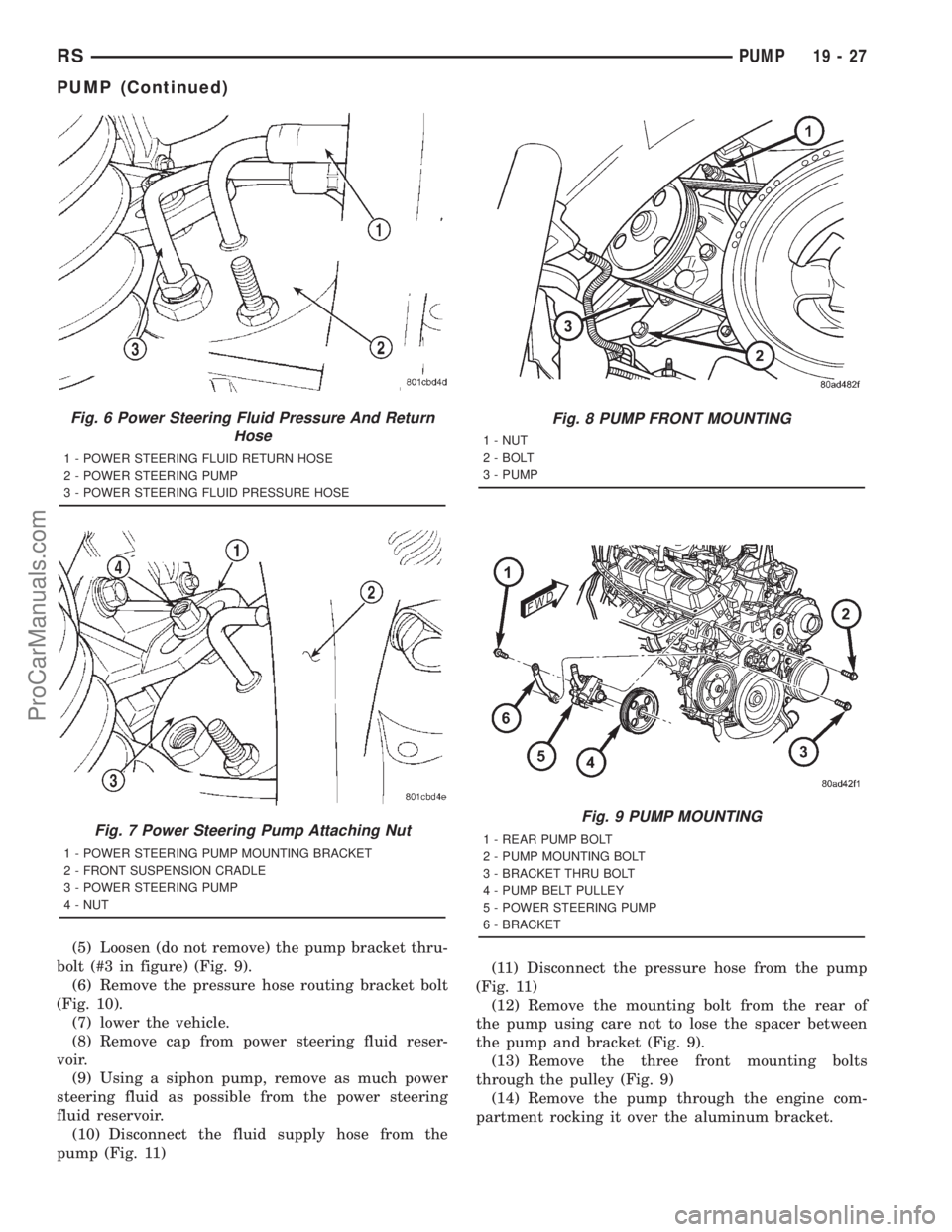 DODGE TOWN AND COUNTRY 2001 Service Manual (5) Loosen (do not remove) the pump bracket thru-
bolt (#3 in figure) (Fig. 9).
(6) Remove the pressure hose routing bracket bolt
(Fig. 10).
(7) lower the vehicle.
(8) Remove cap from power steering f DODGE TOWN AND COUNTRY 2001 Service Manual (5) Loosen (do not remove) the pump bracket thru-
bolt (#3 in figure) (Fig. 9).
(6) Remove the pressure hose routing bracket bolt
(Fig. 10).
(7) lower the vehicle.
(8) Remove cap from power steering f