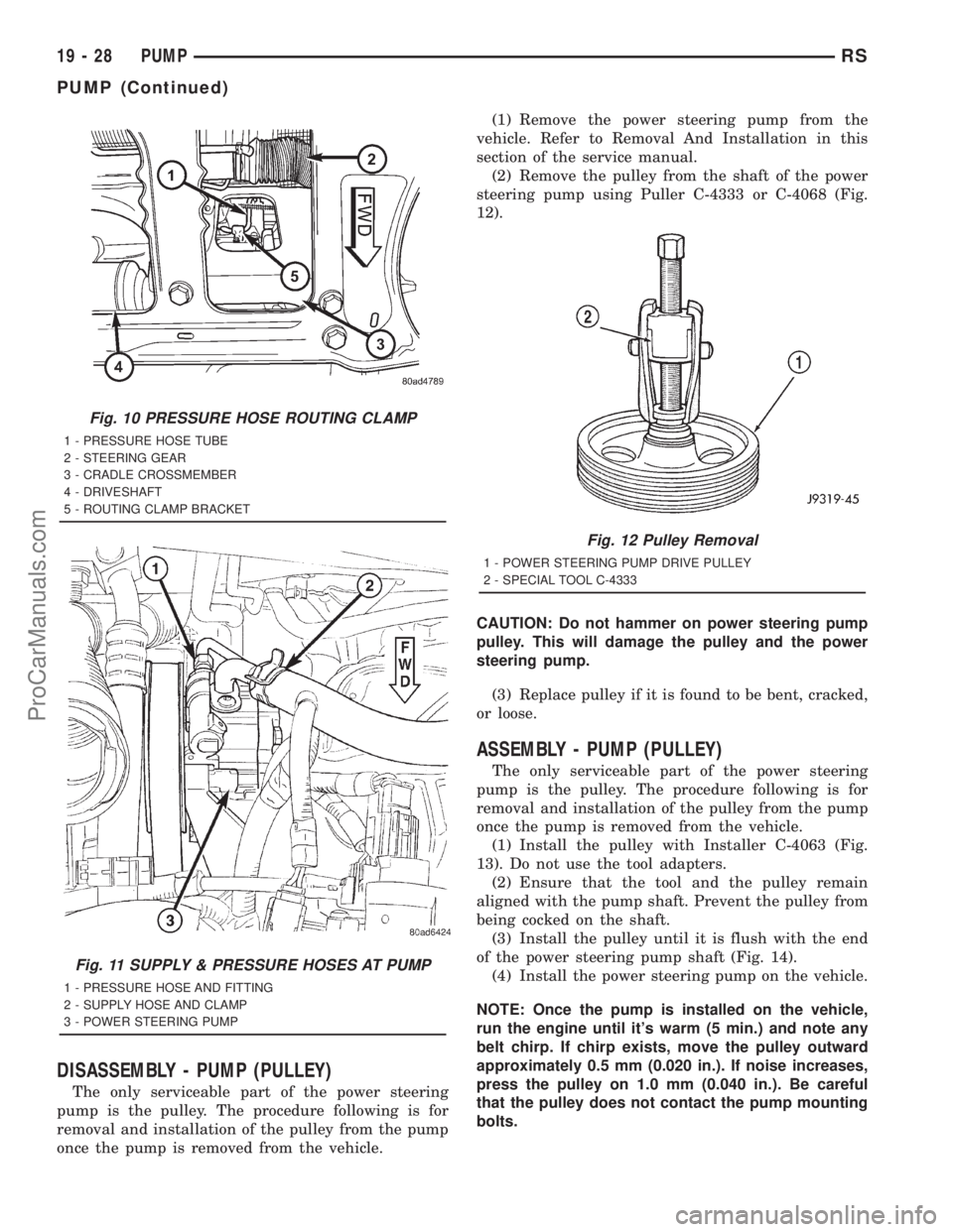 DODGE TOWN AND COUNTRY 2001 Service Manual DISASSEMBLY - PUMP (PULLEY)
The only serviceable part of the power steering
pump is the pulley. The procedure following is for
removal and installation of the pulley from the pump
once the pump is rem DODGE TOWN AND COUNTRY 2001 Service Manual DISASSEMBLY - PUMP (PULLEY)
The only serviceable part of the power steering
pump is the pulley. The procedure following is for
removal and installation of the pulley from the pump
once the pump is rem