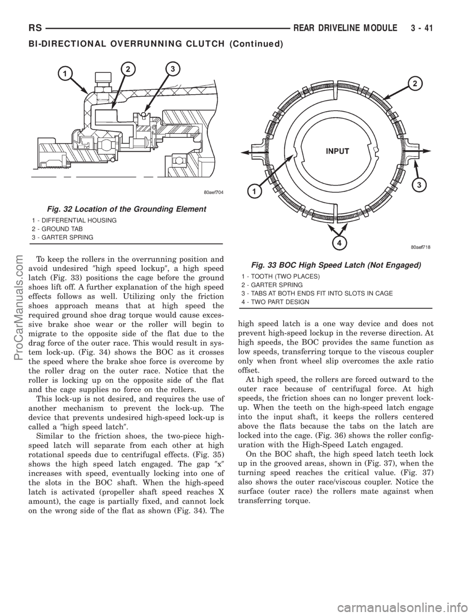 DODGE TOWN AND COUNTRY 2001 Service Manual To keep the rollers in the overrunning position and
avoid undesired9high speed lockup9, a high speed
latch (Fig. 33) positions the cage before the ground
shoes lift off. A further explanation of the h DODGE TOWN AND COUNTRY 2001 Service Manual To keep the rollers in the overrunning position and
avoid undesired9high speed lockup9, a high speed
latch (Fig. 33) positions the cage before the ground
shoes lift off. A further explanation of the h