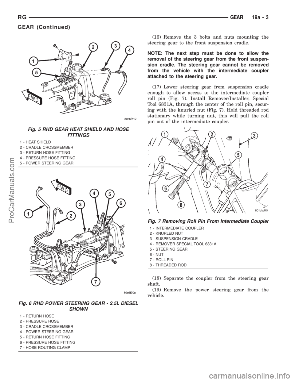DODGE TOWN AND COUNTRY 2001 Service Manual (16) Remove the 3 bolts and nuts mounting the
steering gear to the front suspension cradle.
NOTE: The next step must be done to allow the
removal of the steering gear from the front suspen-
sion cradl DODGE TOWN AND COUNTRY 2001 Service Manual (16) Remove the 3 bolts and nuts mounting the
steering gear to the front suspension cradle.
NOTE: The next step must be done to allow the
removal of the steering gear from the front suspen-
sion cradl