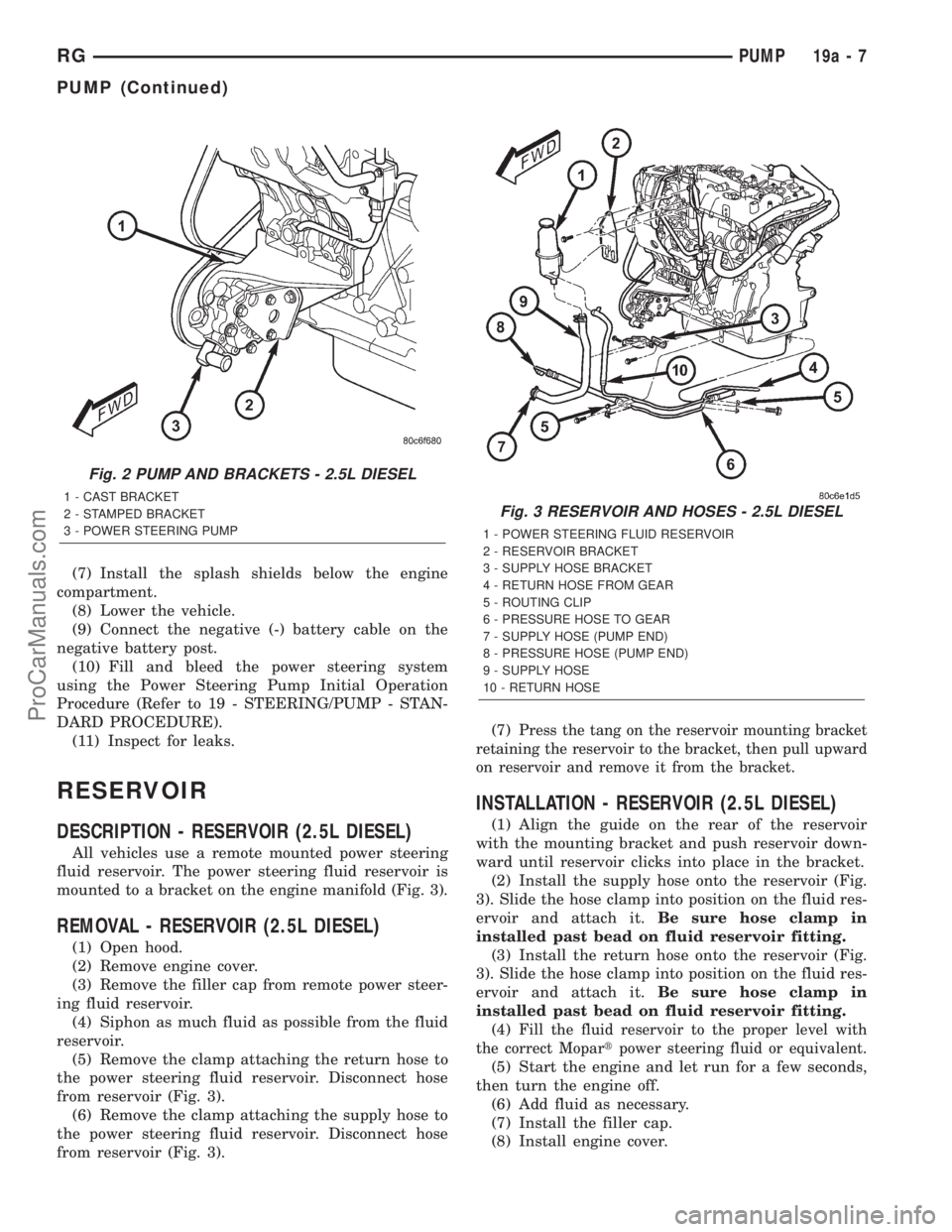 DODGE TOWN AND COUNTRY 2001 Service Manual (7) Install the splash shields below the engine
compartment.
(8) Lower the vehicle.
(9) Connect the negative (-) battery cable on the
negative battery post.
(10) Fill and bleed the power steering syst DODGE TOWN AND COUNTRY 2001 Service Manual (7) Install the splash shields below the engine
compartment.
(8) Lower the vehicle.
(9) Connect the negative (-) battery cable on the
negative battery post.
(10) Fill and bleed the power steering syst