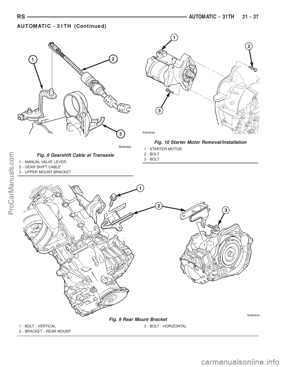 DODGE TOWN AND COUNTRY 2001  Service Manual Fig. 8 Gearshift Cable at Transaxle
1 - MANUAL VALVE LEVER
2 - GEAR SHIFT CABLE
3 - UPPER MOUNT BRACKET
Fig. 9 Rear Mount Bracket
1 - BOLT - VERTICAL
2 - BRACKET - REAR MOUNT3 - BOLT - HORIZONTAL
Fig.
