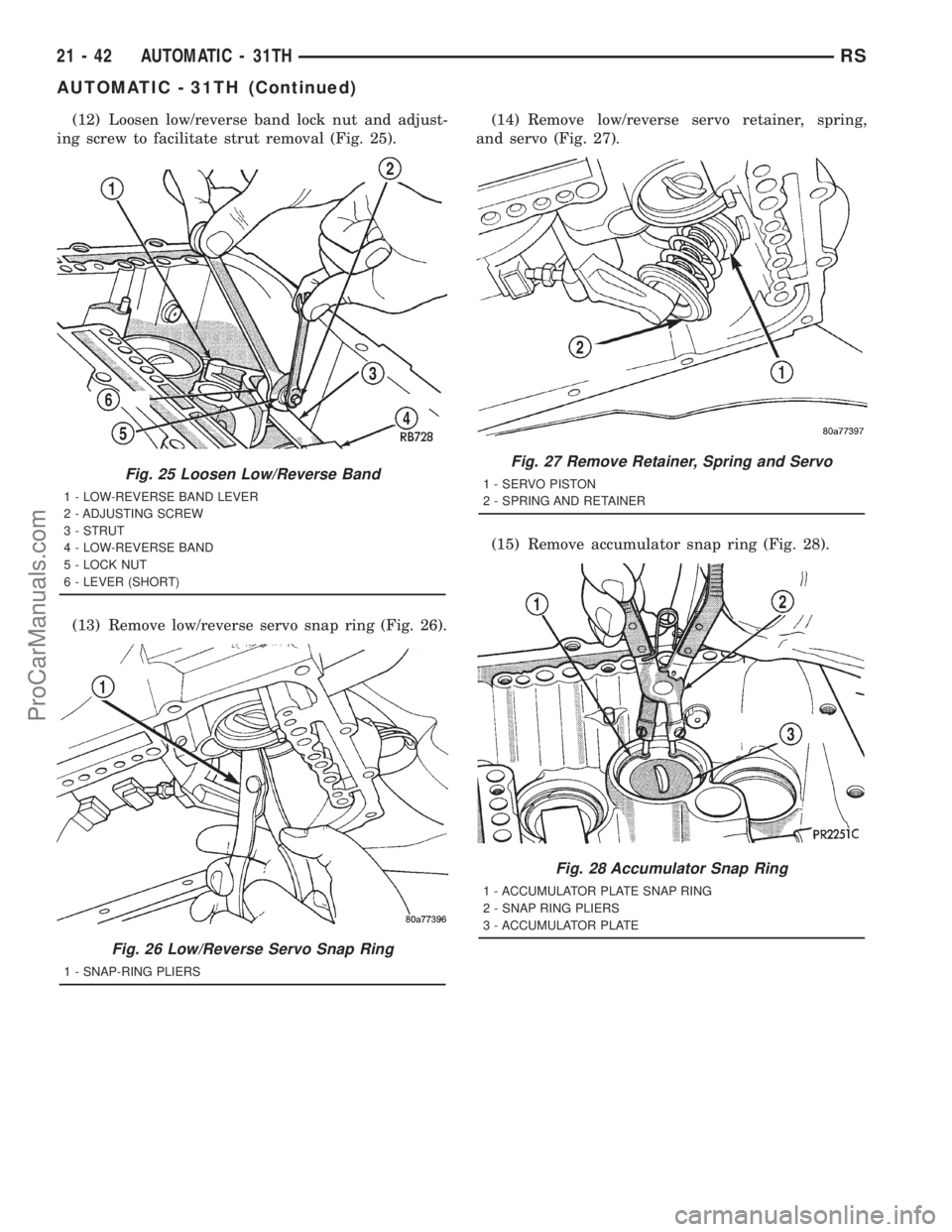 DODGE TOWN AND COUNTRY 2001  Service Manual (12) Loosen low/reverse band lock nut and adjust-
ing screw to facilitate strut removal (Fig. 25).
(13) Remove low/reverse servo snap ring (Fig. 26).(14) Remove low/reverse servo retainer, spring,
and