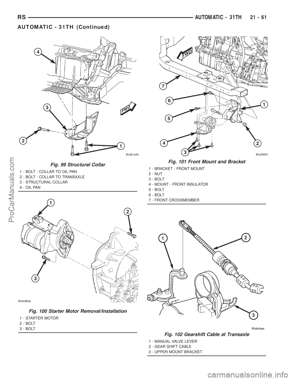 DODGE TOWN AND COUNTRY 2001  Service Manual Fig. 99 Structural Collar
1 - BOLT - COLLAR TO OIL PAN
2 - BOLT - COLLAR TO TRANSAXLE
3 - STRUCTURAL COLLAR
4 - OIL PAN
Fig. 100 Starter Motor Removal/Installation
1 - STARTER MOTOR
2 - BOLT
3 - BOLT
