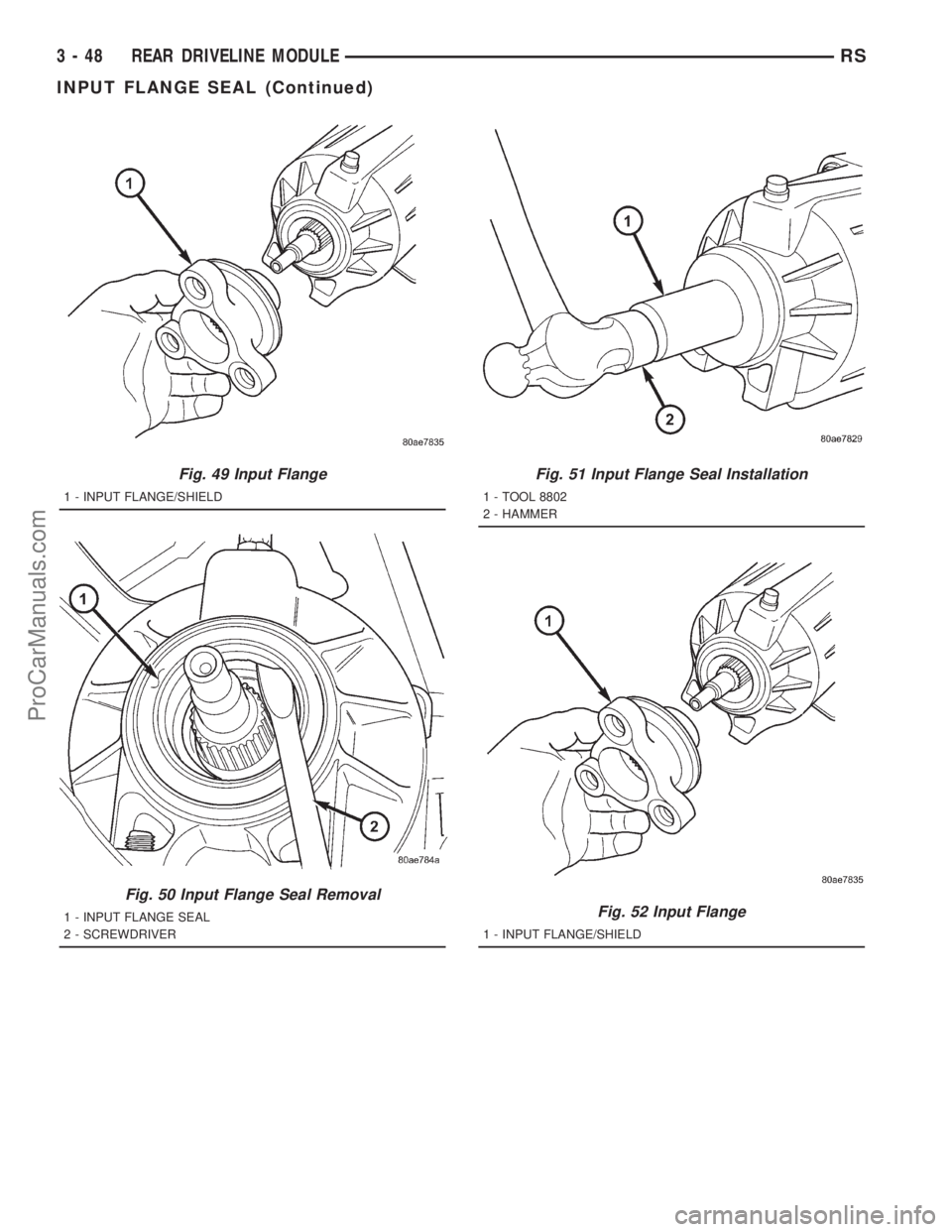 DODGE TOWN AND COUNTRY 2001 Service Manual Fig. 49 Input Flange
1 - INPUT FLANGE/SHIELD
Fig. 50 Input Flange Seal Removal
1 - INPUT FLANGE SEAL
2 - SCREWDRIVER
Fig. 51 Input Flange Seal Installation
1 - TOOL 8802
2 - HAMMER
Fig. 52 Input Flang DODGE TOWN AND COUNTRY 2001 Service Manual Fig. 49 Input Flange
1 - INPUT FLANGE/SHIELD
Fig. 50 Input Flange Seal Removal
1 - INPUT FLANGE SEAL
2 - SCREWDRIVER
Fig. 51 Input Flange Seal Installation
1 - TOOL 8802
2 - HAMMER
Fig. 52 Input Flang