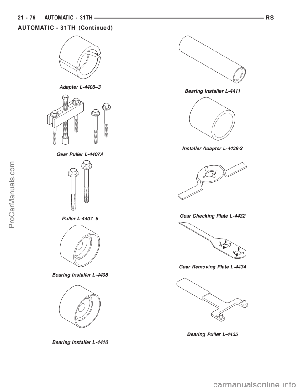 DODGE TOWN AND COUNTRY 2001 Service Manual Adapter L-4406±3
Gear Puller L-4407A
Puller L-4407±6
Bearing Installer L-4408
Bearing Installer L-4410
Bearing Installer L-4411
Installer Adapter L-4429-3
Gear Checking Plate L-4432
Gear Removing Pl DODGE TOWN AND COUNTRY 2001 Service Manual Adapter L-4406±3
Gear Puller L-4407A
Puller L-4407±6
Bearing Installer L-4408
Bearing Installer L-4410
Bearing Installer L-4411
Installer Adapter L-4429-3
Gear Checking Plate L-4432
Gear Removing Pl