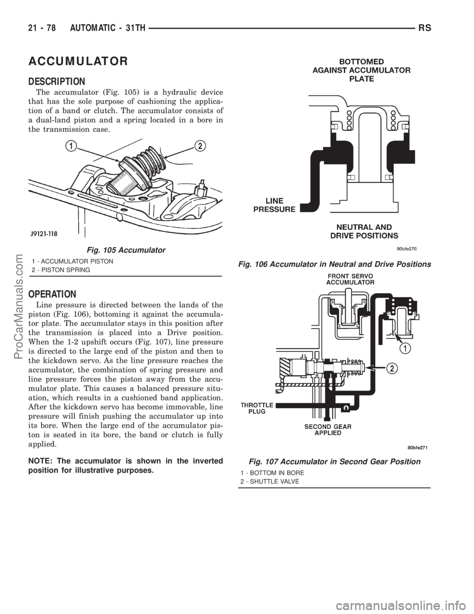 DODGE TOWN AND COUNTRY 2001 Service Manual ACCUMULATOR
DESCRIPTION
The accumulator (Fig. 105) is a hydraulic device
that has the sole purpose of cushioning the applica-
tion of a band or clutch. The accumulator consists of
a dual-land piston a DODGE TOWN AND COUNTRY 2001 Service Manual ACCUMULATOR
DESCRIPTION
The accumulator (Fig. 105) is a hydraulic device
that has the sole purpose of cushioning the applica-
tion of a band or clutch. The accumulator consists of
a dual-land piston a