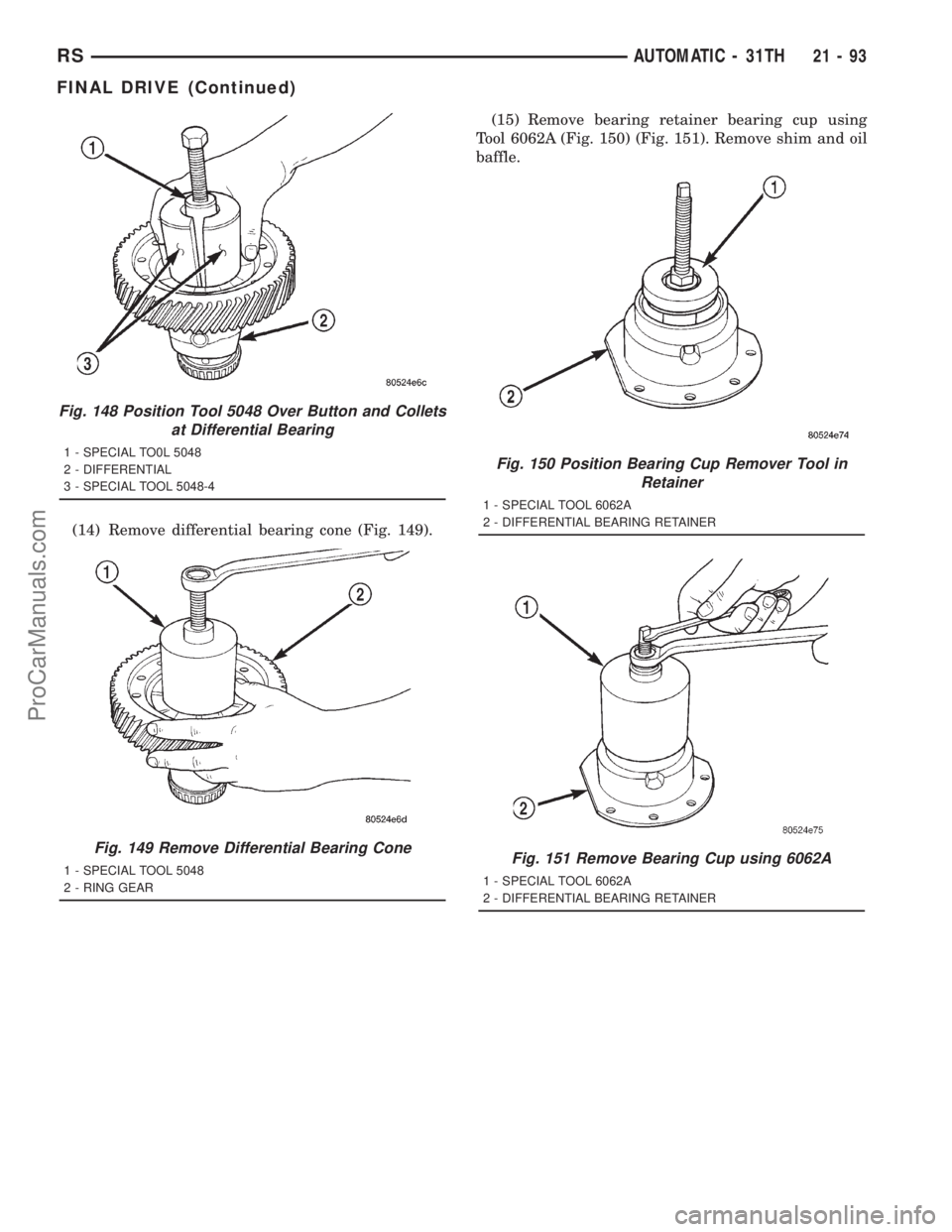DODGE TOWN AND COUNTRY 2001 Service Manual (14) Remove differential bearing cone (Fig. 149).(15) Remove bearing retainer bearing cup using
Tool 6062A (Fig. 150) (Fig. 151). Remove shim and oil
baffle.
Fig. 148 Position Tool 5048 Over Button an DODGE TOWN AND COUNTRY 2001 Service Manual (14) Remove differential bearing cone (Fig. 149).(15) Remove bearing retainer bearing cup using
Tool 6062A (Fig. 150) (Fig. 151). Remove shim and oil
baffle.
Fig. 148 Position Tool 5048 Over Button an
