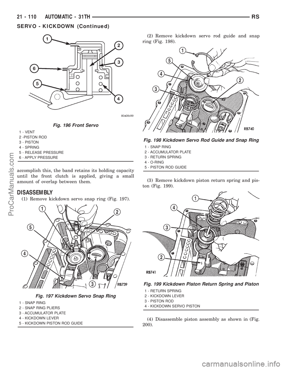 DODGE TOWN AND COUNTRY 2001 Service Manual accomplish this, the band retains its holding capacity
until the front clutch is applied, giving a small
amount of overlap between them.
DISASSEMBLY
(1) Remove kickdown servo snap ring (Fig. 197).(2) DODGE TOWN AND COUNTRY 2001 Service Manual accomplish this, the band retains its holding capacity
until the front clutch is applied, giving a small
amount of overlap between them.
DISASSEMBLY
(1) Remove kickdown servo snap ring (Fig. 197).(2)