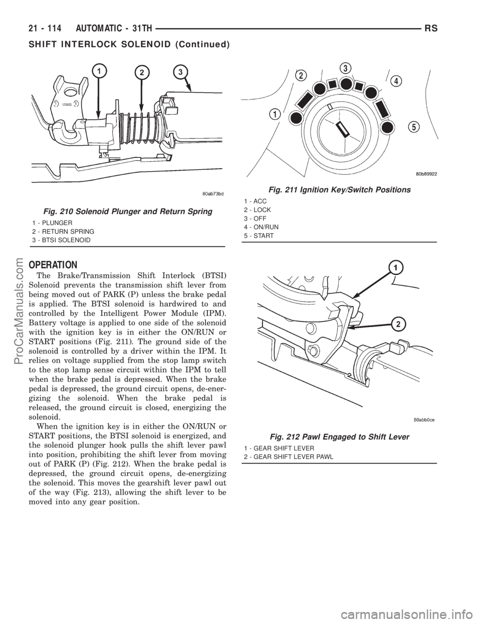 DODGE TOWN AND COUNTRY 2001 Service Manual OPERATION
The Brake/Transmission Shift Interlock (BTSI)
Solenoid prevents the transmission shift lever from
being moved out of PARK (P) unless the brake pedal
is applied. The BTSI solenoid is hardwire DODGE TOWN AND COUNTRY 2001 Service Manual OPERATION
The Brake/Transmission Shift Interlock (BTSI)
Solenoid prevents the transmission shift lever from
being moved out of PARK (P) unless the brake pedal
is applied. The BTSI solenoid is hardwire