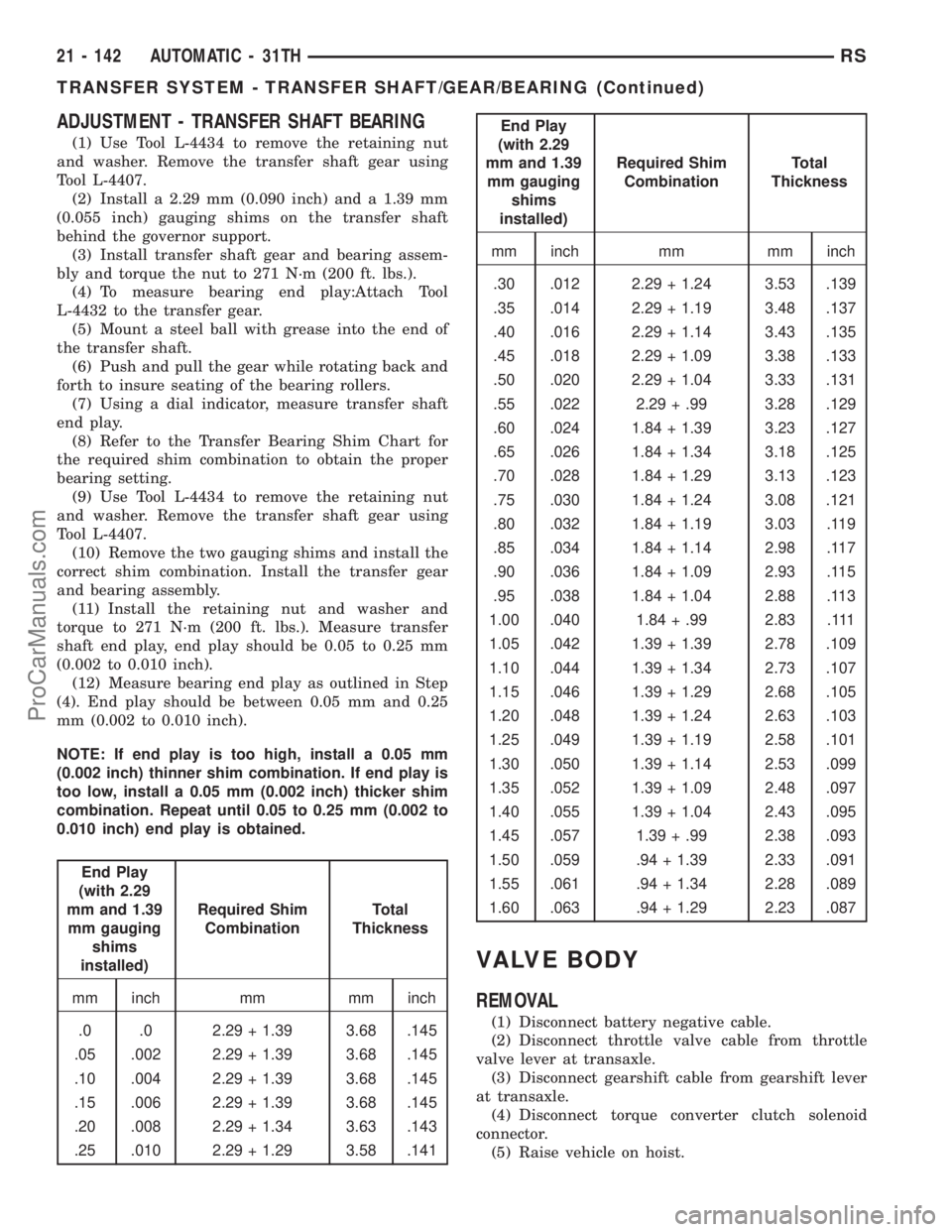 DODGE TOWN AND COUNTRY 2001 Service Manual ADJUSTMENT - TRANSFER SHAFT BEARING
(1) Use Tool L-4434 to remove the retaining nut
and washer. Remove the transfer shaft gear using
Tool L-4407.
(2) Install a 2.29 mm (0.090 inch) and a 1.39 mm
(0.05 DODGE TOWN AND COUNTRY 2001 Service Manual ADJUSTMENT - TRANSFER SHAFT BEARING
(1) Use Tool L-4434 to remove the retaining nut
and washer. Remove the transfer shaft gear using
Tool L-4407.
(2) Install a 2.29 mm (0.090 inch) and a 1.39 mm
(0.05