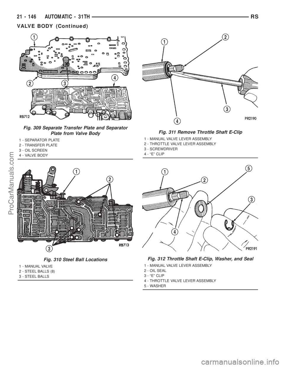 DODGE TOWN AND COUNTRY 2001 Service Manual Fig. 309 Separate Transfer Plate and Separator
Plate from Valve Body
1 - SEPARATOR PLATE
2 - TRANSFER PLATE
3 - OIL SCREEN
4 - VALVE BODY
Fig. 310 Steel Ball Locations
1 - MANUAL VALVE
2 - STEEL BALLS DODGE TOWN AND COUNTRY 2001 Service Manual Fig. 309 Separate Transfer Plate and Separator
Plate from Valve Body
1 - SEPARATOR PLATE
2 - TRANSFER PLATE
3 - OIL SCREEN
4 - VALVE BODY
Fig. 310 Steel Ball Locations
1 - MANUAL VALVE
2 - STEEL BALLS