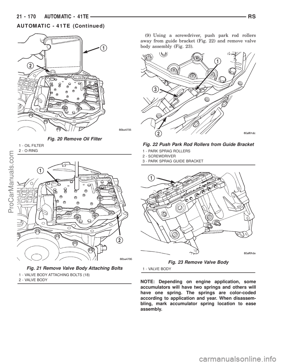 DODGE TOWN AND COUNTRY 2001 Service Manual (9) Using a screwdriver, push park rod rollers
away from guide bracket (Fig. 22) and remove valve
body assembly (Fig. 23).
NOTE: Depending on engine application, some
accumulators will have two spring DODGE TOWN AND COUNTRY 2001 Service Manual (9) Using a screwdriver, push park rod rollers
away from guide bracket (Fig. 22) and remove valve
body assembly (Fig. 23).
NOTE: Depending on engine application, some
accumulators will have two spring