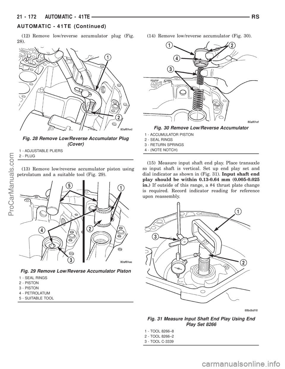 DODGE TOWN AND COUNTRY 2001 Service Manual (12) Remove low/reverse accumulator plug (Fig.
28).
(13) Remove low/reverse accumulator piston using
petrolatum and a suitable tool (Fig. 29).(14) Remove low/reverse accumulator (Fig. 30).
(15) Measur DODGE TOWN AND COUNTRY 2001 Service Manual (12) Remove low/reverse accumulator plug (Fig.
28).
(13) Remove low/reverse accumulator piston using
petrolatum and a suitable tool (Fig. 29).(14) Remove low/reverse accumulator (Fig. 30).
(15) Measur