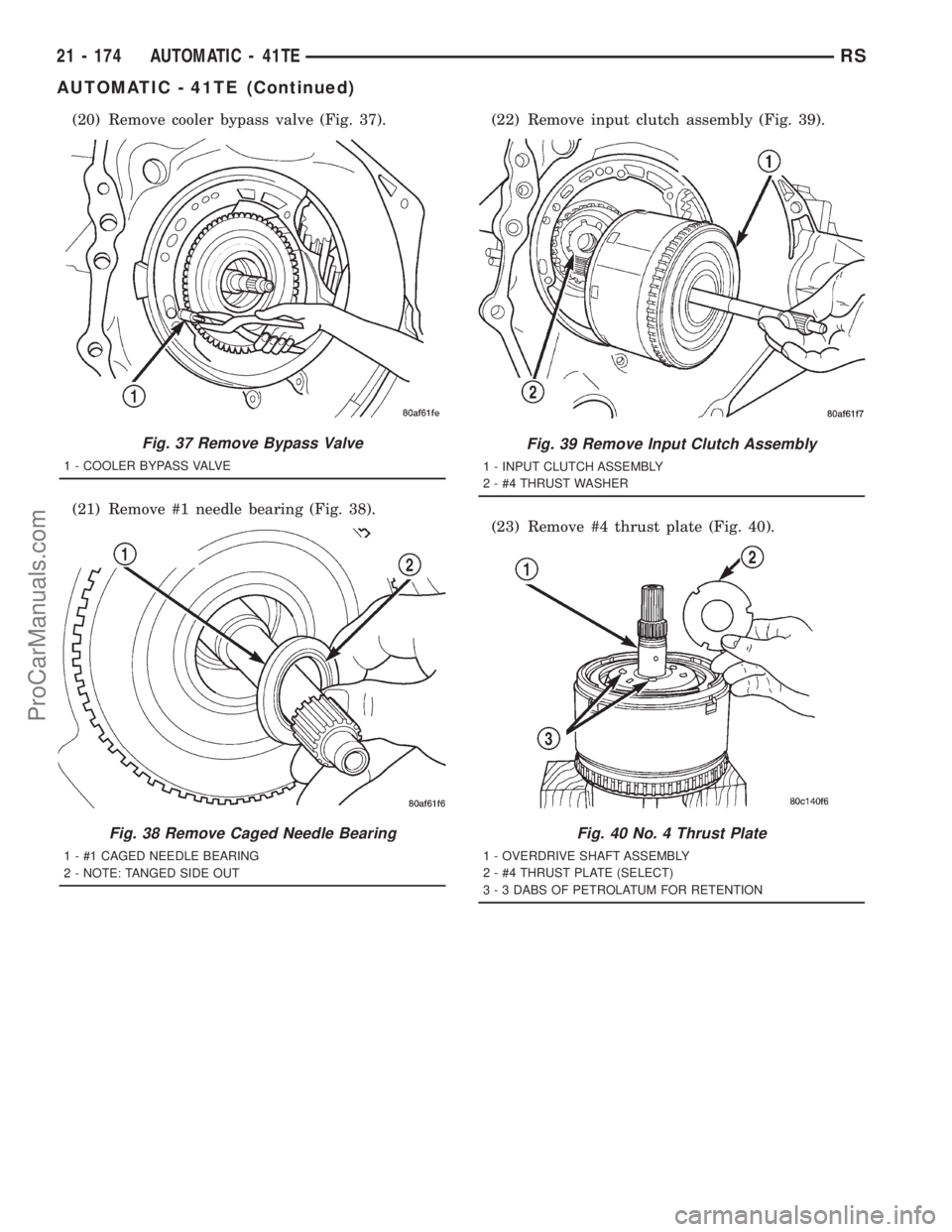 DODGE TOWN AND COUNTRY 2001  Service Manual (20) Remove cooler bypass valve (Fig. 37).
(21) Remove #1 needle bearing (Fig. 38).(22) Remove input clutch assembly (Fig. 39).
(23) Remove #4 thrust plate (Fig. 40).
Fig. 37 Remove Bypass Valve
1 - C