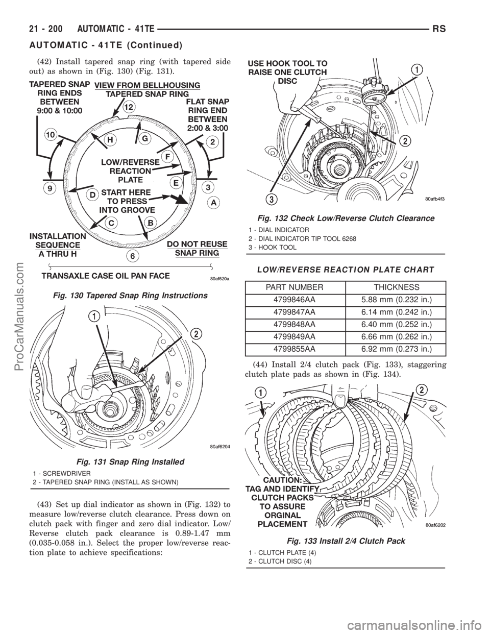 DODGE TOWN AND COUNTRY 2001 Service Manual (42) Install tapered snap ring (with tapered side
out) as shown in (Fig. 130) (Fig. 131).
(43) Set up dial indicator as shown in (Fig. 132) to
measure low/reverse clutch clearance. Press down on
clutc DODGE TOWN AND COUNTRY 2001 Service Manual (42) Install tapered snap ring (with tapered side
out) as shown in (Fig. 130) (Fig. 131).
(43) Set up dial indicator as shown in (Fig. 132) to
measure low/reverse clutch clearance. Press down on
clutc