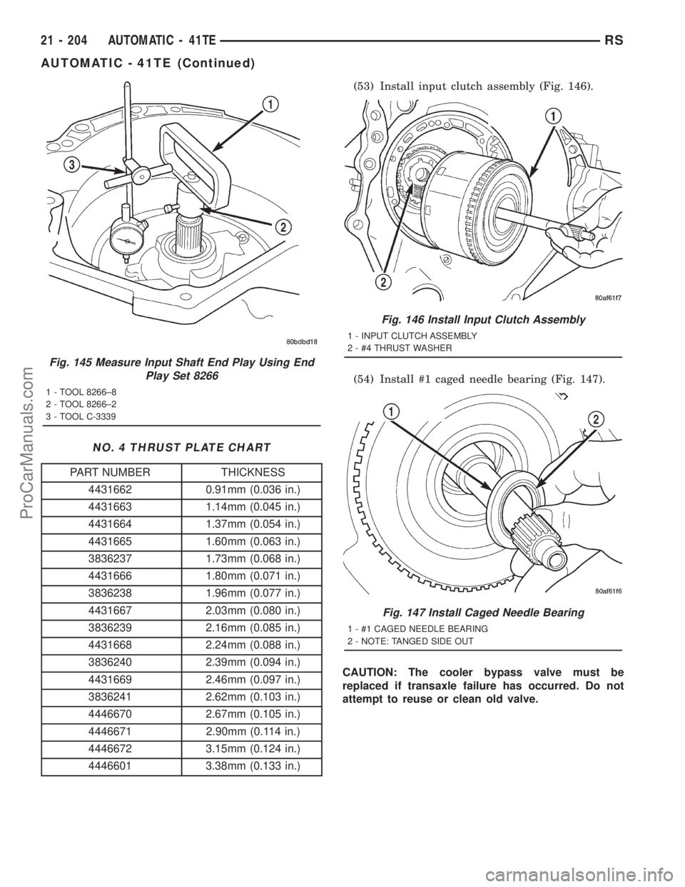 DODGE TOWN AND COUNTRY 2001 Service Manual NO. 4 THRUST PLATE CHART
PART NUMBER THICKNESS
4431662 0.91mm (0.036 in.)
4431663 1.14mm (0.045 in.)
4431664 1.37mm (0.054 in.)
4431665 1.60mm (0.063 in.)
3836237 1.73mm (0.068 in.)
4431666 1.80mm (0. DODGE TOWN AND COUNTRY 2001 Service Manual NO. 4 THRUST PLATE CHART
PART NUMBER THICKNESS
4431662 0.91mm (0.036 in.)
4431663 1.14mm (0.045 in.)
4431664 1.37mm (0.054 in.)
4431665 1.60mm (0.063 in.)
3836237 1.73mm (0.068 in.)
4431666 1.80mm (0.