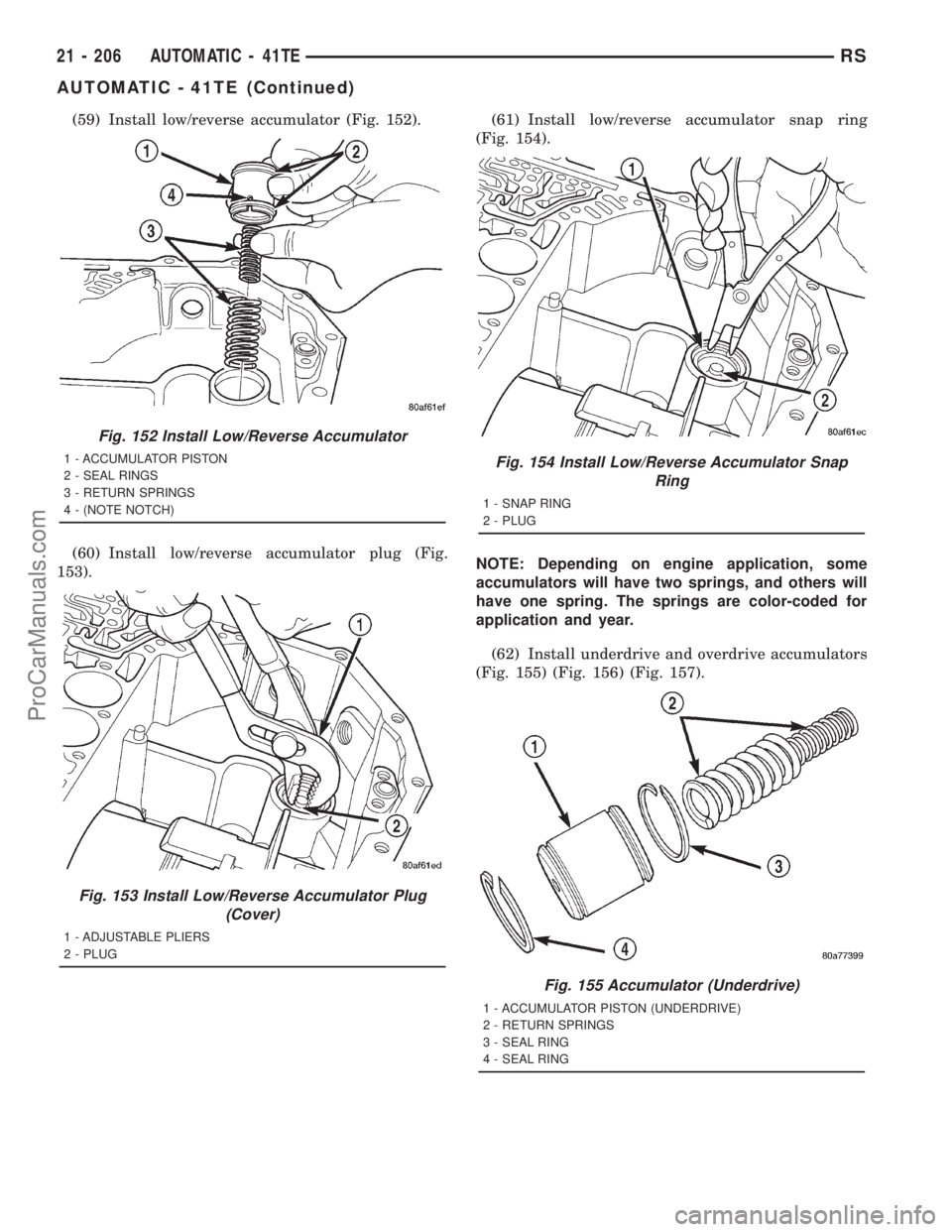 DODGE TOWN AND COUNTRY 2001 Service Manual (59) Install low/reverse accumulator (Fig. 152).
(60) Install low/reverse accumulator plug (Fig.
153).(61) Install low/reverse accumulator snap ring
(Fig. 154).
NOTE: Depending on engine application, DODGE TOWN AND COUNTRY 2001 Service Manual (59) Install low/reverse accumulator (Fig. 152).
(60) Install low/reverse accumulator plug (Fig.
153).(61) Install low/reverse accumulator snap ring
(Fig. 154).
NOTE: Depending on engine application,