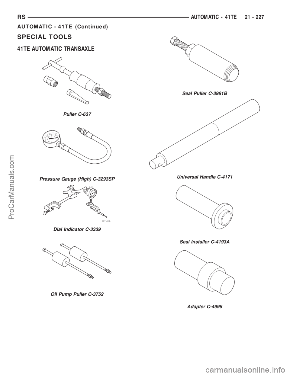DODGE TOWN AND COUNTRY 2001  Service Manual SPECIAL TOOLS
41TE AUTOMATIC TRANSAXLE
Puller C-637
Pressure Gauge (High) C-3293SP
Dial Indicator C-3339
Oil Pump Puller C-3752
Seal Puller C-3981B
Universal Handle C-4171
Seal Installer C-4193A
Adapt