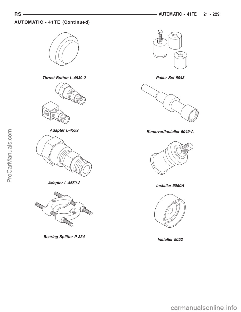 DODGE TOWN AND COUNTRY 2001  Service Manual Thrust Button L-4539-2
Adapter L-4559
Adapter L-4559-2
Bearing Splitter P-334
Puller Set 5048
Remover/Installer 5049-A
Installer 5050A
Installer 5052
RSAUTOMATIC - 41TE21 - 229
AUTOMATIC - 41TE (Conti