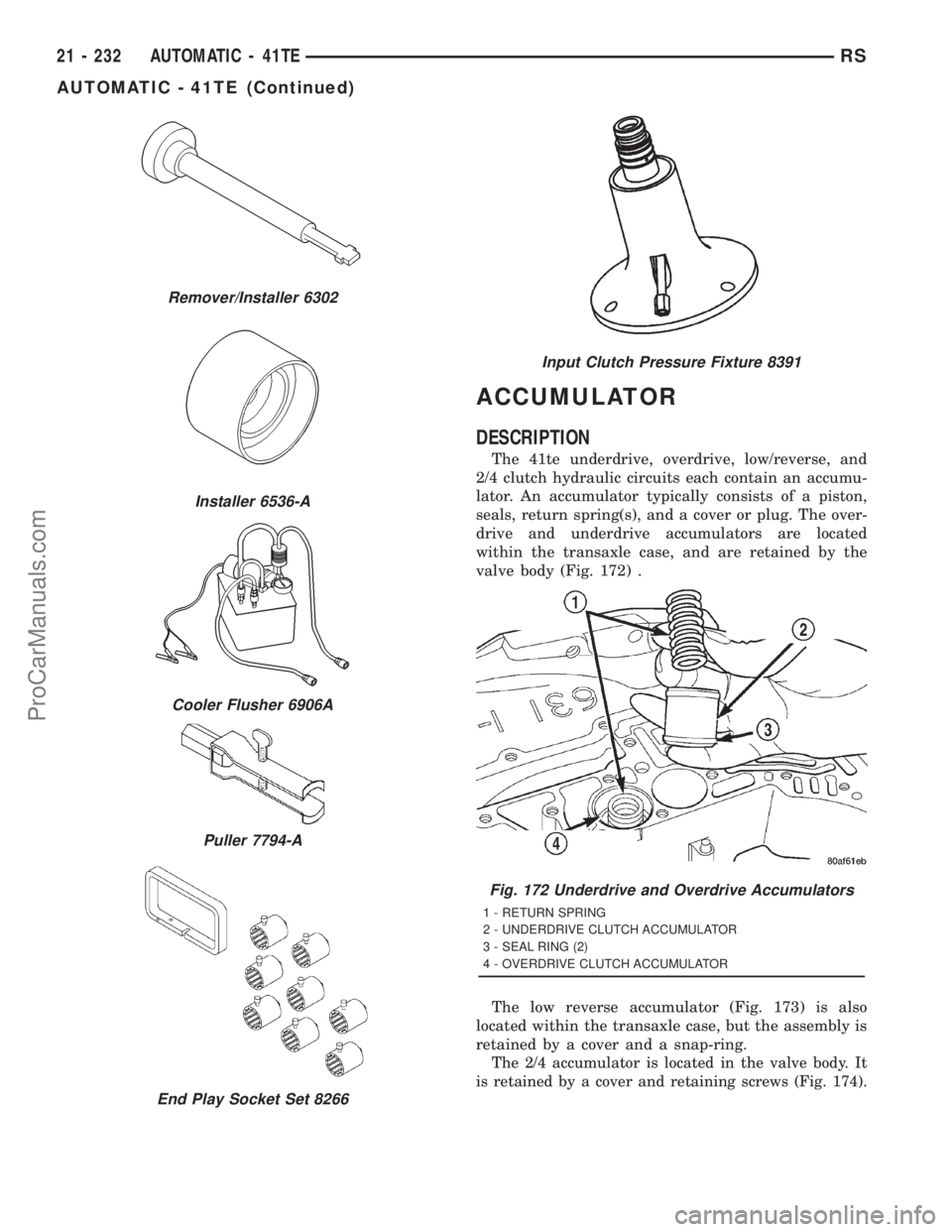 DODGE TOWN AND COUNTRY 2001  Service Manual ACCUMULATOR
DESCRIPTION
The 41te underdrive, overdrive, low/reverse, and
2/4 clutch hydraulic circuits each contain an accumu-
lator. An accumulator typically consists of a piston,
seals, return sprin