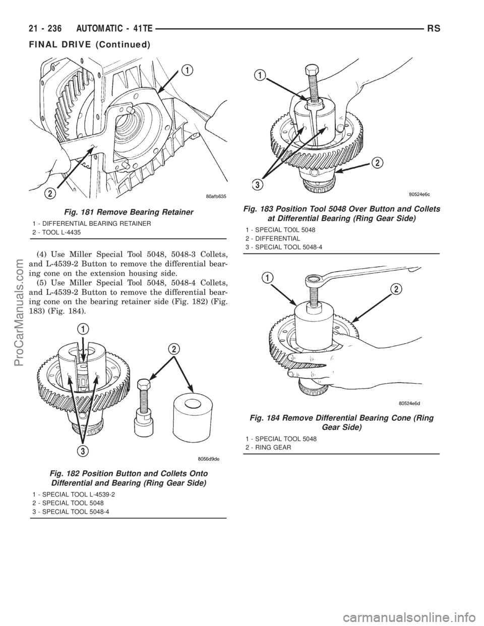 DODGE TOWN AND COUNTRY 2001 Service Manual (4) Use Miller Special Tool 5048, 5048-3 Collets,
and L-4539-2 Button to remove the differential bear-
ing cone on the extension housing side.
(5) Use Miller Special Tool 5048, 5048-4 Collets,
and L-4 DODGE TOWN AND COUNTRY 2001 Service Manual (4) Use Miller Special Tool 5048, 5048-3 Collets,
and L-4539-2 Button to remove the differential bear-
ing cone on the extension housing side.
(5) Use Miller Special Tool 5048, 5048-4 Collets,
and L-4