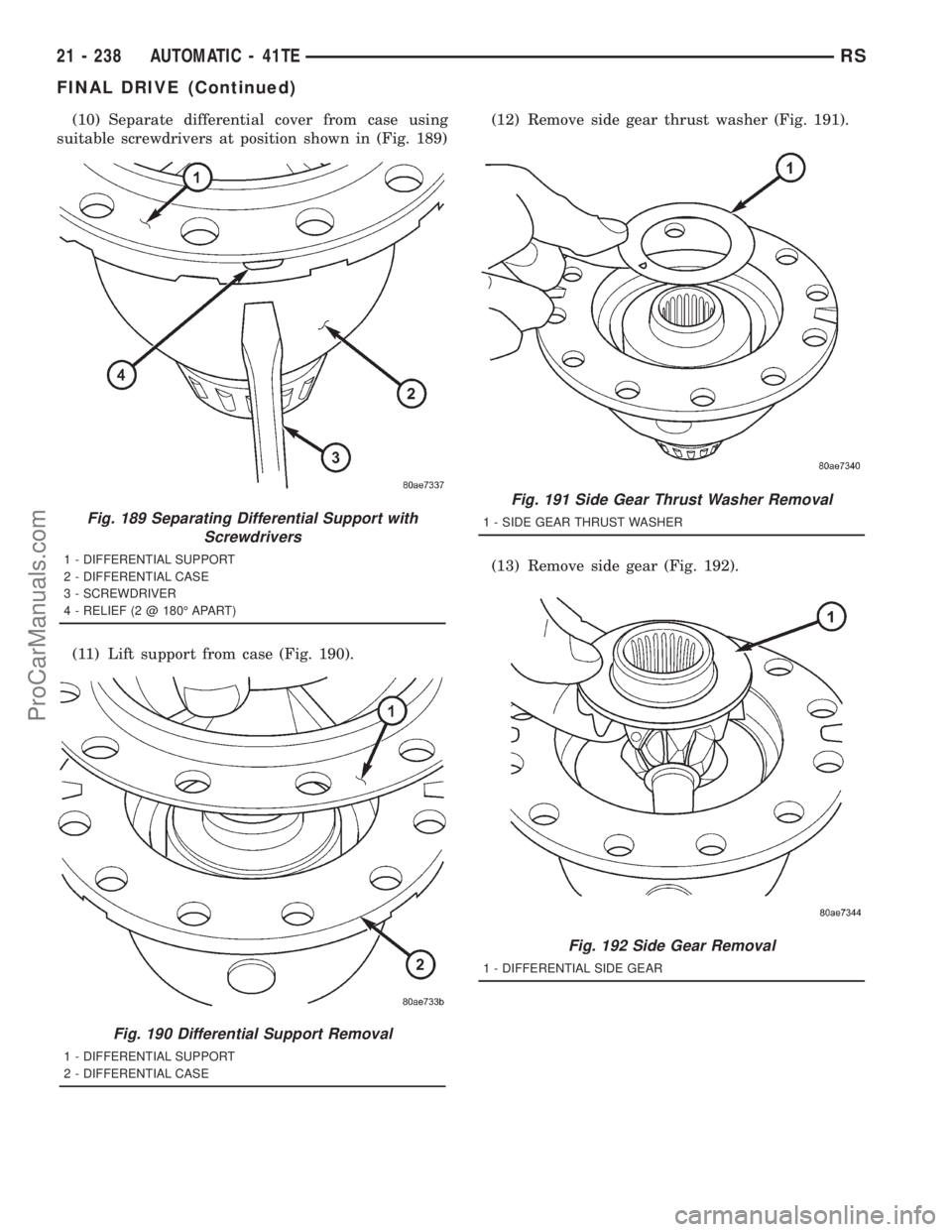 DODGE TOWN AND COUNTRY 2001 Service Manual (10) Separate differential cover from case using
suitable screwdrivers at position shown in (Fig. 189)
(11) Lift support from case (Fig. 190).(12) Remove side gear thrust washer (Fig. 191).
(13) Remov DODGE TOWN AND COUNTRY 2001 Service Manual (10) Separate differential cover from case using
suitable screwdrivers at position shown in (Fig. 189)
(11) Lift support from case (Fig. 190).(12) Remove side gear thrust washer (Fig. 191).
(13) Remov