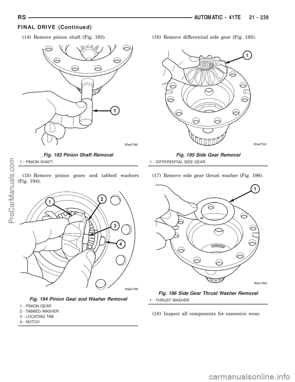 DODGE TOWN AND COUNTRY 2001 Service Manual (14) Remove pinion shaft (Fig. 193).
(15) Remove pinion gears and tabbed washers
(Fig. 194).(16) Remove differential side gear (Fig. 195).
(17) Remove side gear thrust washer (Fig. 196).
(18) Inspect DODGE TOWN AND COUNTRY 2001 Service Manual (14) Remove pinion shaft (Fig. 193).
(15) Remove pinion gears and tabbed washers
(Fig. 194).(16) Remove differential side gear (Fig. 195).
(17) Remove side gear thrust washer (Fig. 196).
(18) Inspect