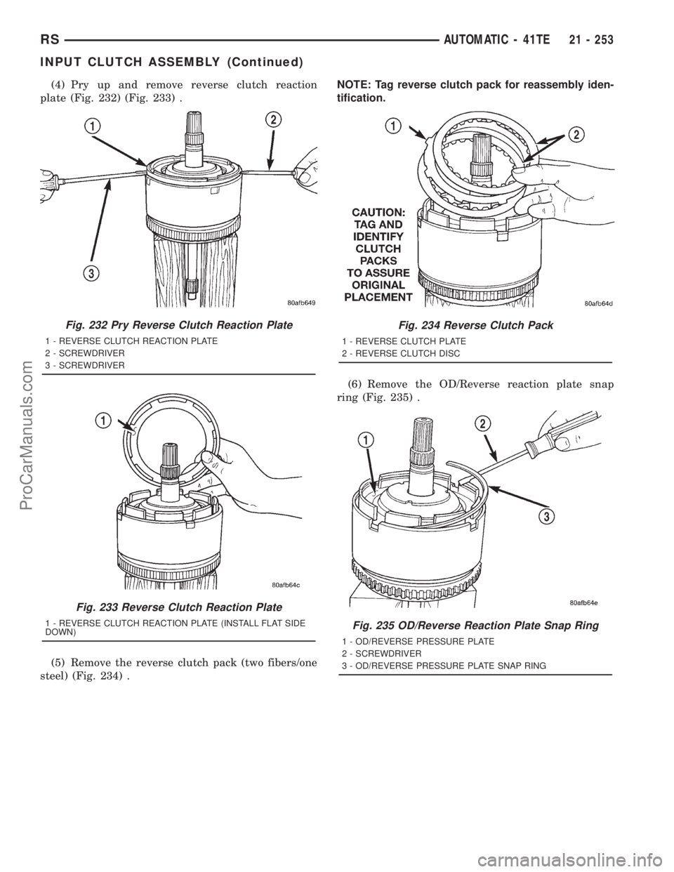 DODGE TOWN AND COUNTRY 2001 Service Manual (4) Pry up and remove reverse clutch reaction
plate (Fig. 232) (Fig. 233) .
(5) Remove the reverse clutch pack (two fibers/one
steel) (Fig. 234) .NOTE: Tag reverse clutch pack for reassembly iden-
tif DODGE TOWN AND COUNTRY 2001 Service Manual (4) Pry up and remove reverse clutch reaction
plate (Fig. 232) (Fig. 233) .
(5) Remove the reverse clutch pack (two fibers/one
steel) (Fig. 234) .NOTE: Tag reverse clutch pack for reassembly iden-
tif