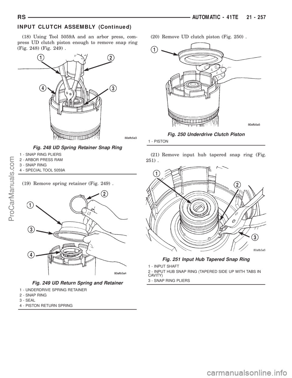 DODGE TOWN AND COUNTRY 2001 Service Manual (18) Using Tool 5059A and an arbor press, com-
press UD clutch piston enough to remove snap ring
(Fig. 248) (Fig. 249) .
(19) Remove spring retainer (Fig. 249) .(20) Remove UD clutch piston (Fig. 250) DODGE TOWN AND COUNTRY 2001 Service Manual (18) Using Tool 5059A and an arbor press, com-
press UD clutch piston enough to remove snap ring
(Fig. 248) (Fig. 249) .
(19) Remove spring retainer (Fig. 249) .(20) Remove UD clutch piston (Fig. 250)