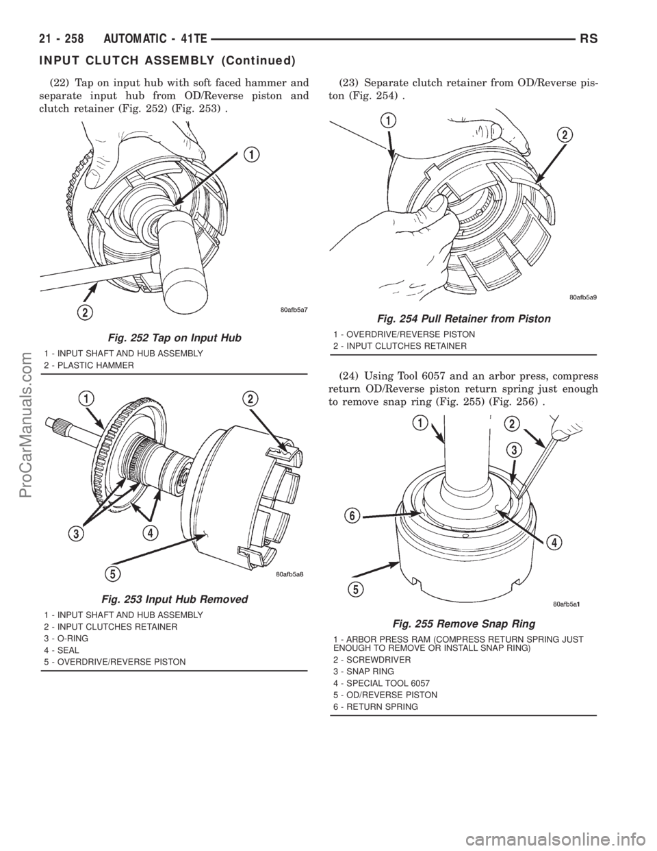 DODGE TOWN AND COUNTRY 2001 Service Manual (22) Tap on input hub with soft faced hammer and
separate input hub from OD/Reverse piston and
clutch retainer (Fig. 252) (Fig. 253) .(23) Separate clutch retainer from OD/Reverse pis-
ton (Fig. 254) DODGE TOWN AND COUNTRY 2001 Service Manual (22) Tap on input hub with soft faced hammer and
separate input hub from OD/Reverse piston and
clutch retainer (Fig. 252) (Fig. 253) .(23) Separate clutch retainer from OD/Reverse pis-
ton (Fig. 254)