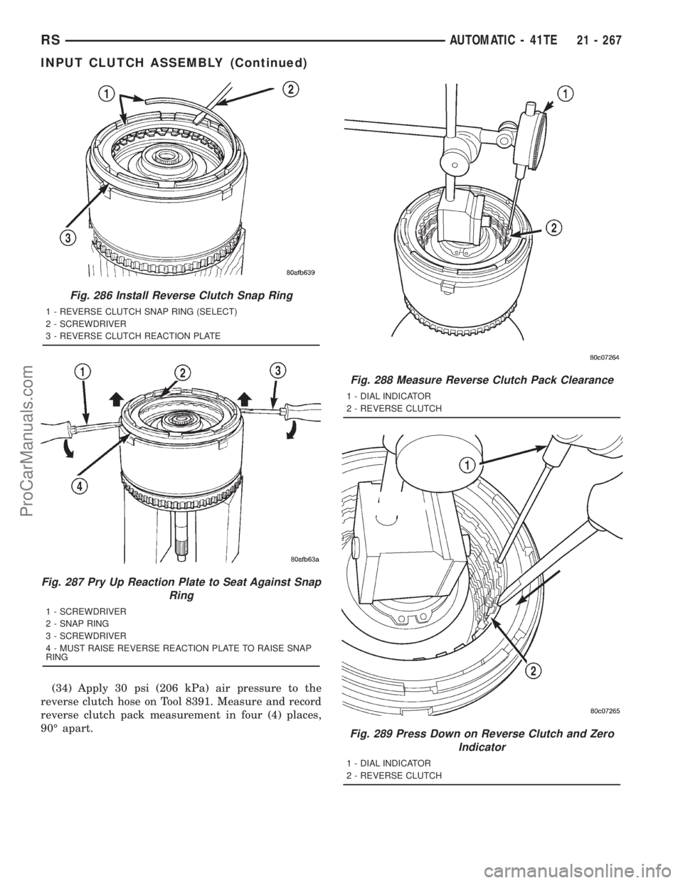 DODGE TOWN AND COUNTRY 2001 Service Manual (34) Apply 30 psi (206 kPa) air pressure to the
reverse clutch hose on Tool 8391. Measure and record
reverse clutch pack measurement in four (4) places,
90É apart.
Fig. 286 Install Reverse Clutch Sna DODGE TOWN AND COUNTRY 2001 Service Manual (34) Apply 30 psi (206 kPa) air pressure to the
reverse clutch hose on Tool 8391. Measure and record
reverse clutch pack measurement in four (4) places,
90É apart.
Fig. 286 Install Reverse Clutch Sna