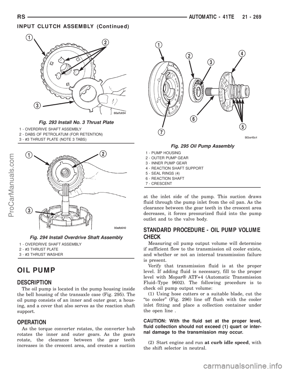 DODGE TOWN AND COUNTRY 2001  Service Manual OIL PUMP
DESCRIPTION
The oil pump is located in the pump housing inside
the bell housing of the transaxle case (Fig. 295). The
oil pump consists of an inner and outer gear, a hous-
ing, and a cover th