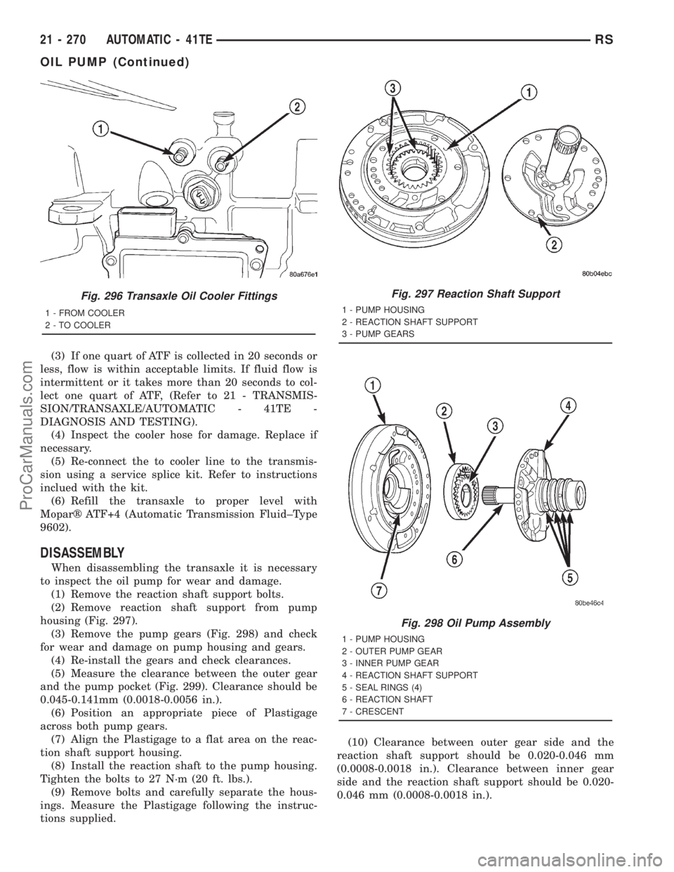 DODGE TOWN AND COUNTRY 2001 Service Manual (3) If one quart of ATF is collected in 20 seconds or
less, flow is within acceptable limits. If fluid flow is
intermittent or it takes more than 20 seconds to col-
lect one quart of ATF, (Refer to 21 DODGE TOWN AND COUNTRY 2001 Service Manual (3) If one quart of ATF is collected in 20 seconds or
less, flow is within acceptable limits. If fluid flow is
intermittent or it takes more than 20 seconds to col-
lect one quart of ATF, (Refer to 21