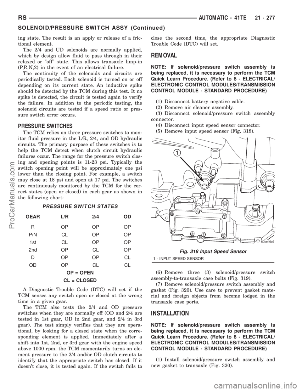 DODGE TOWN AND COUNTRY 2001 Service Manual ing state. The result is an apply or release of a fric-
tional element.
The 2/4 and UD solenoids are normally applied,
which by design allow fluid to pass through in their
relaxed or ªoffº state. Th DODGE TOWN AND COUNTRY 2001 Service Manual ing state. The result is an apply or release of a fric-
tional element.
The 2/4 and UD solenoids are normally applied,
which by design allow fluid to pass through in their
relaxed or ªoffº state. Th
