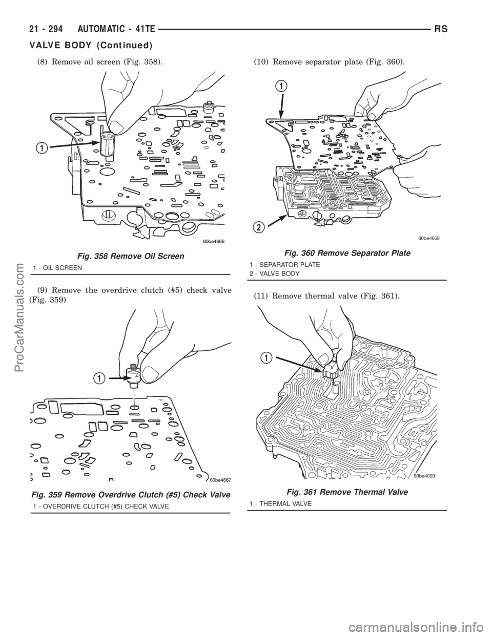 DODGE TOWN AND COUNTRY 2001 Service Manual (8) Remove oil screen (Fig. 358).
(9) Remove the overdrive clutch (#5) check valve
(Fig. 359)(10) Remove separator plate (Fig. 360).
(11) Remove thermal valve (Fig. 361).
Fig. 358 Remove Oil Screen
1 DODGE TOWN AND COUNTRY 2001 Service Manual (8) Remove oil screen (Fig. 358).
(9) Remove the overdrive clutch (#5) check valve
(Fig. 359)(10) Remove separator plate (Fig. 360).
(11) Remove thermal valve (Fig. 361).
Fig. 358 Remove Oil Screen
1