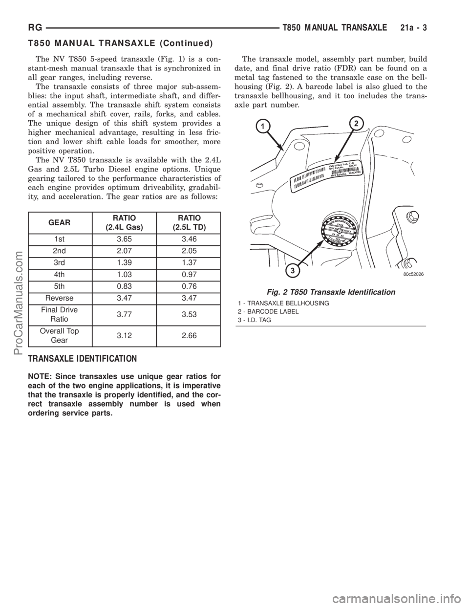 DODGE TOWN AND COUNTRY 2001 Service Manual The NV T850 5-speed transaxle (Fig. 1) is a con-
stant-mesh manual transaxle that is synchronized in
all gear ranges, including reverse.
The transaxle consists of three major sub-assem-
blies: the inp DODGE TOWN AND COUNTRY 2001 Service Manual The NV T850 5-speed transaxle (Fig. 1) is a con-
stant-mesh manual transaxle that is synchronized in
all gear ranges, including reverse.
The transaxle consists of three major sub-assem-
blies: the inp