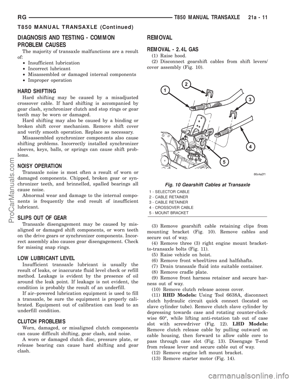 DODGE TOWN AND COUNTRY 2001 Service Manual DIAGNOSIS AND TESTING - COMMON
PROBLEM CAUSES
The majority of transaxle malfunctions are a result
of:
²Insufficient lubrication
²Incorrect lubricant
²Misassembled or damaged internal components
²I DODGE TOWN AND COUNTRY 2001 Service Manual DIAGNOSIS AND TESTING - COMMON
PROBLEM CAUSES
The majority of transaxle malfunctions are a result
of:
²Insufficient lubrication
²Incorrect lubricant
²Misassembled or damaged internal components
²I